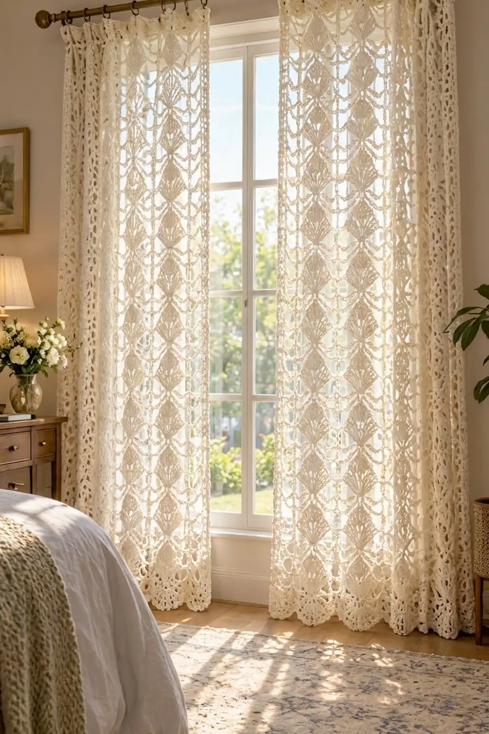 Delicate cream crocheted lace curtains hang from a brass rod, framing a sunlit bedroom window.