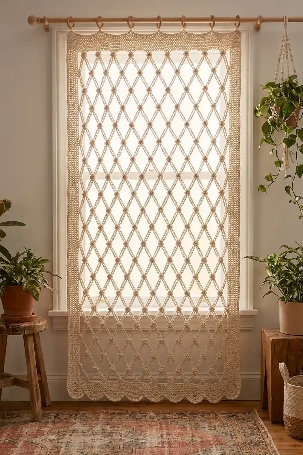 Beige macramé curtain with diamond lattice pattern hangs in bright window beside wooden plant stands with greenery.