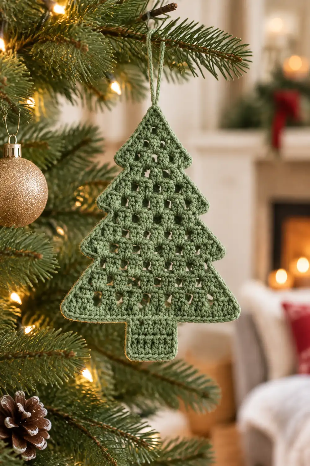 A crocheted sage green Christmas tree ornament hangs from evergreen branches among gold lights and baubles.