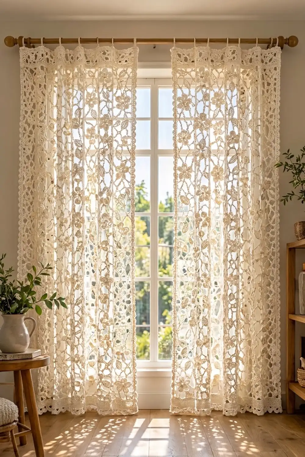 Cream lace curtains with delicate botanical pattern hang on a brass rod, softly filtering bright natural light through windows.