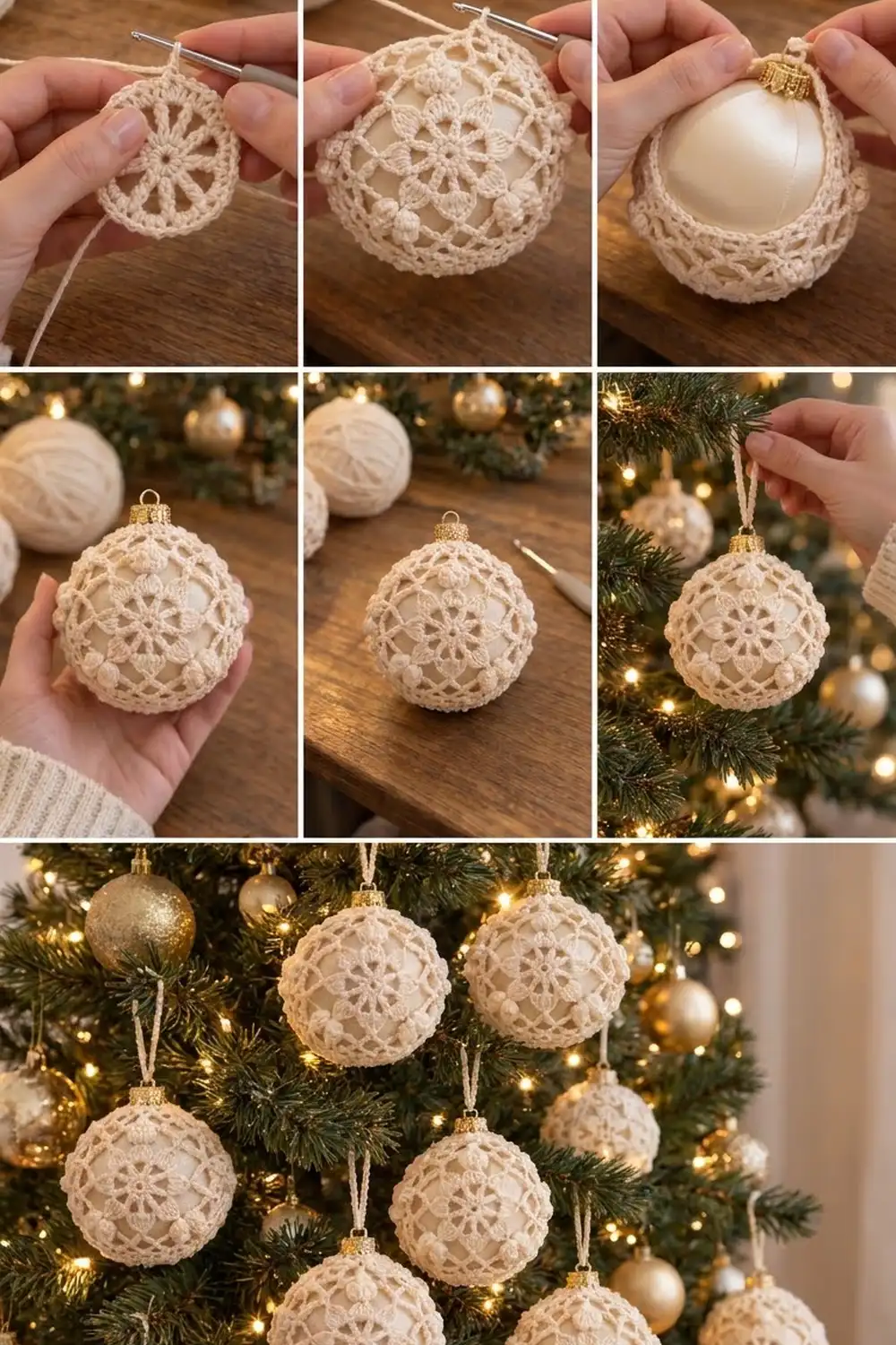 Cream lace crocheted ornaments with pearl centers on a Christmas tree with warm lights, gold, and white glass baubles.