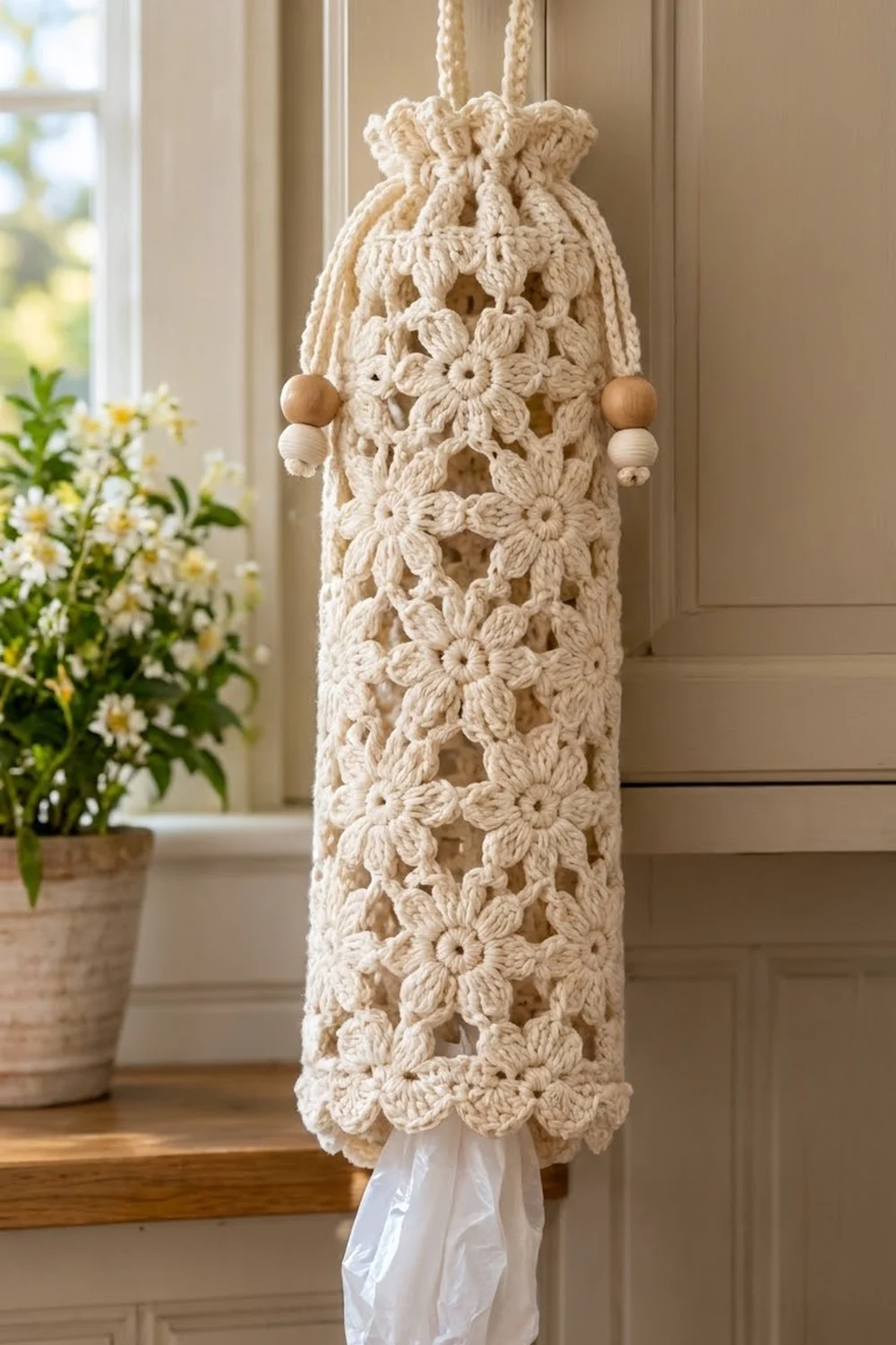 Cream crocheted floral wall hanging with wooden beads displayed on a sunny windowsill beside white daisies.