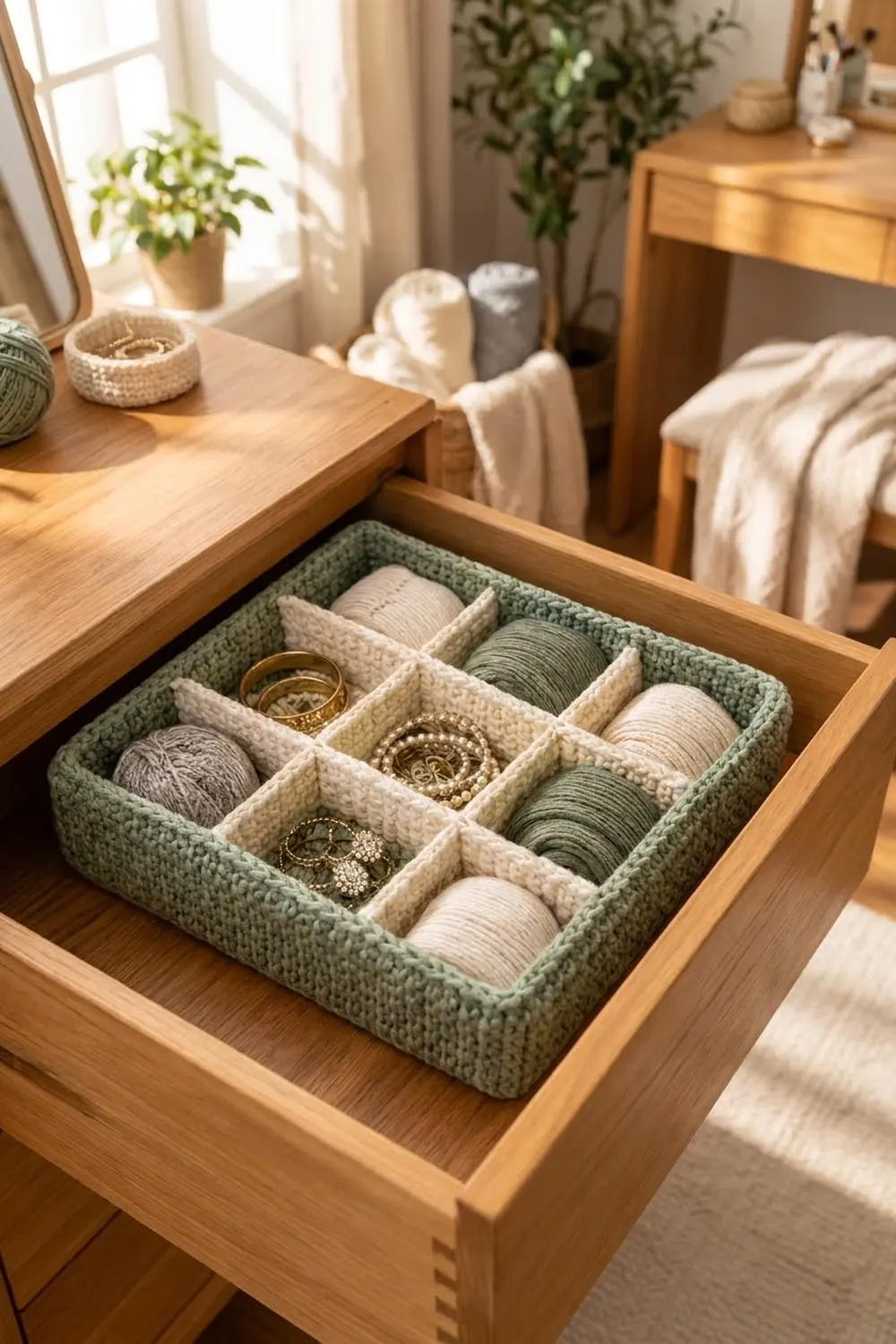 Crocheted sage-green organizer with cream compartments holding thread spools and jewelry, displayed in an open wooden desk drawer.