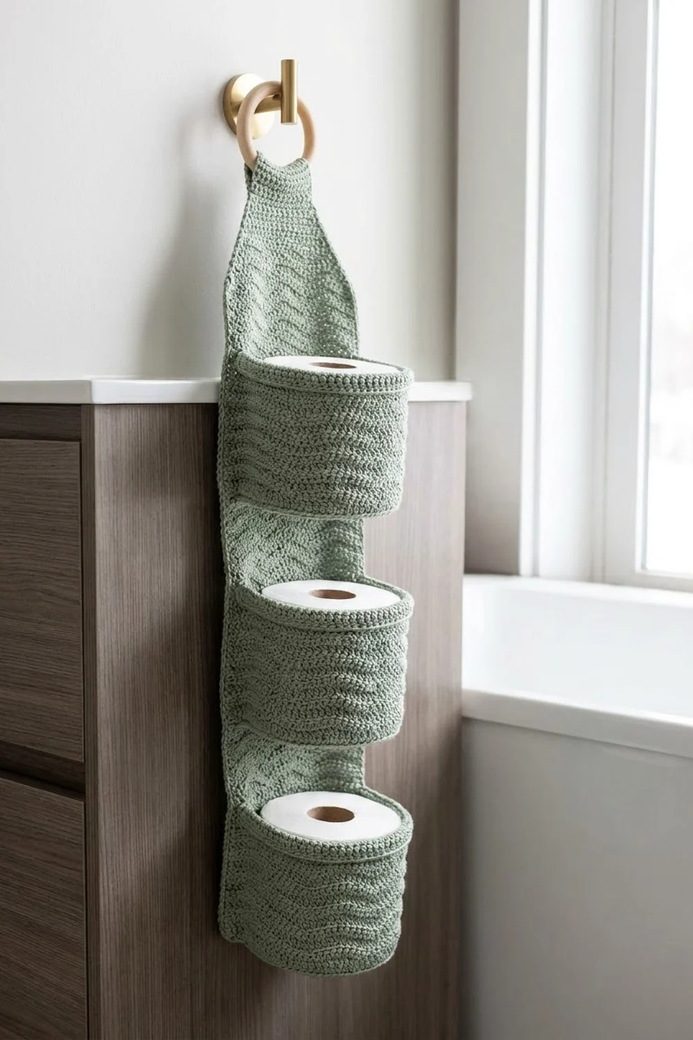 Sage-green crocheted toilet paper holder with three pouches hanging on a brass hook in a bright bathroom setting.