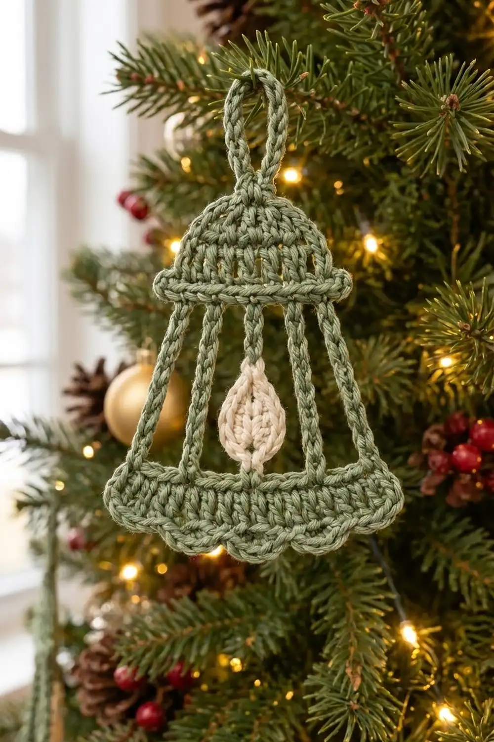 Sage green crocheted bell ornament with cream center, hanging on evergreen tree with warm lights and festive baubles.