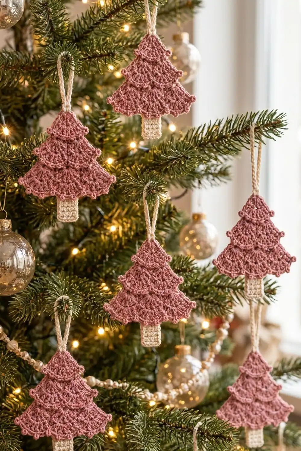 Dusty pink crocheted Christmas tree ornaments with cream trunks hang on an evergreen tree lit with warm golden lights.