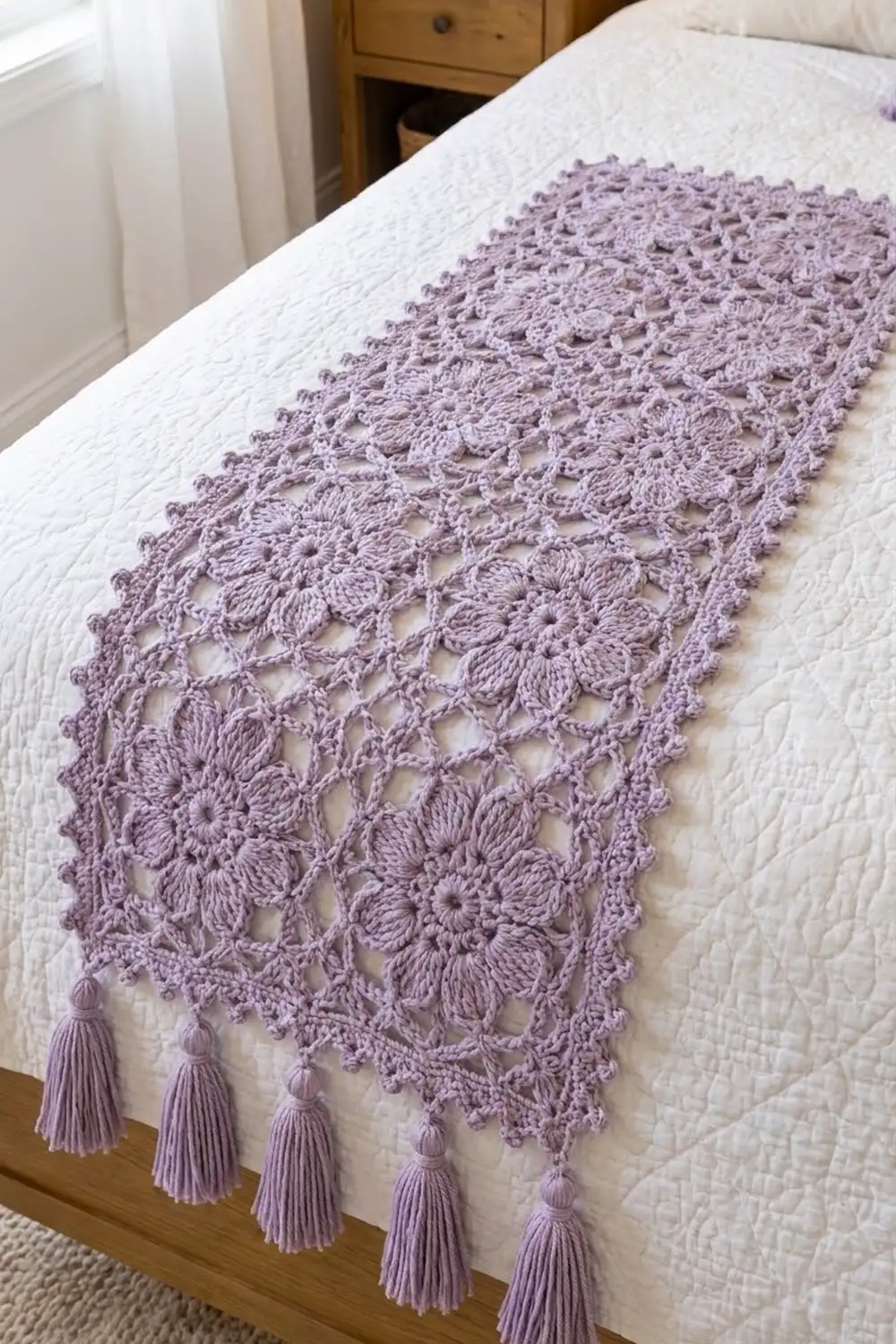 Lavender crochet blanket with delicate floral motifs and tasseled fringe draped elegantly across a white quilted bed.