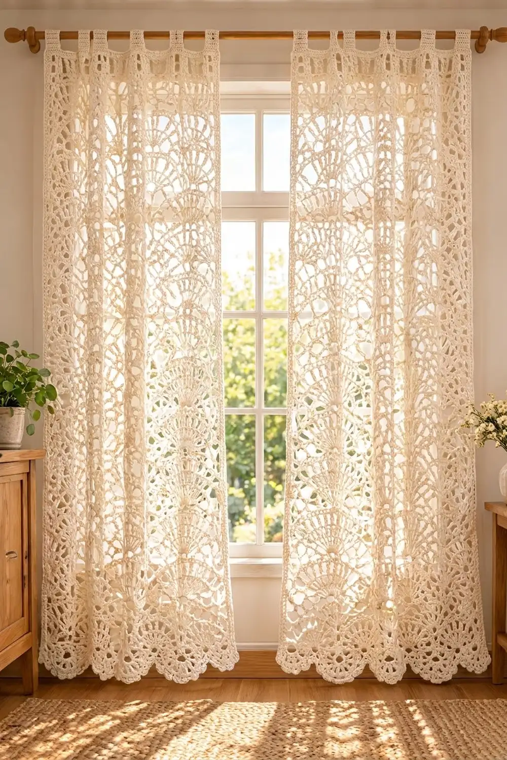 Delicate cream crochet curtains featuring shell patterns hang from a wooden rod, filtering sunlight into a warmly decorated room.