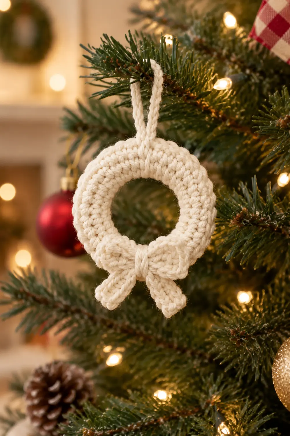 A cream-colored crocheted wreath ornament with a bow hangs on an evergreen Christmas tree branch.