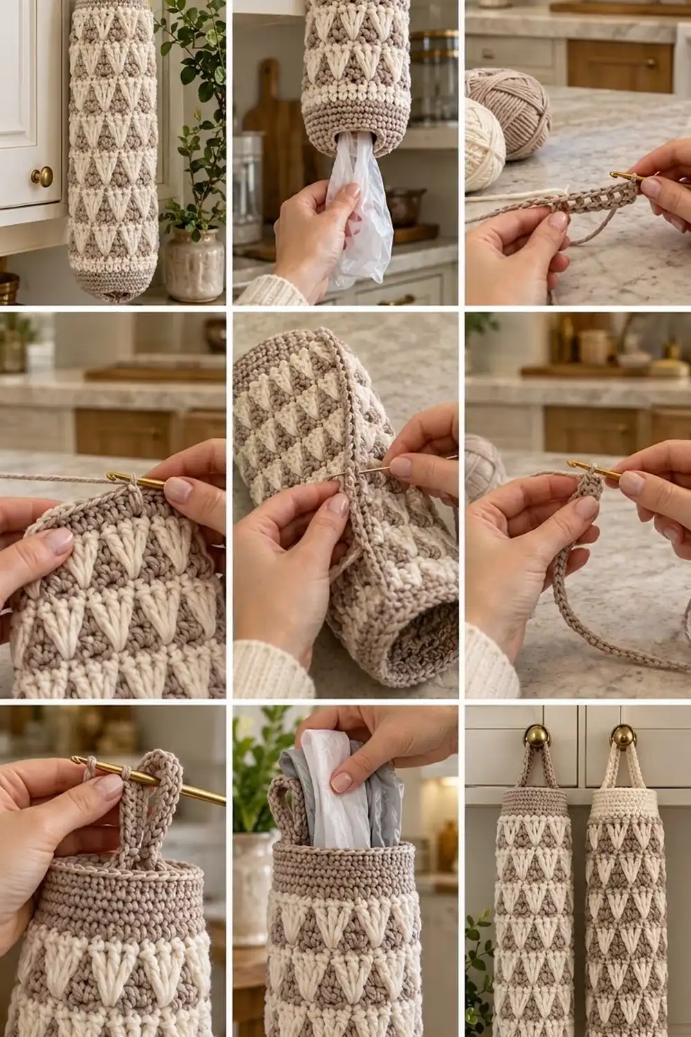 Cream-colored crocheted tissue box covers with diamond texture displayed in a bright kitchen, featuring brass handles and marble surface.