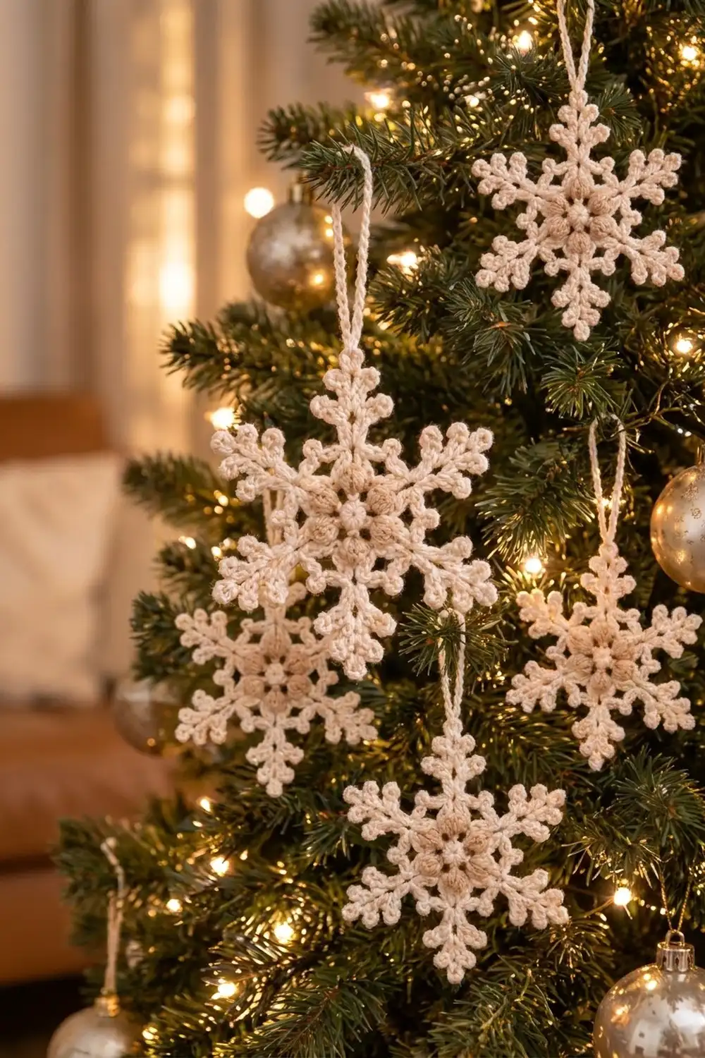 Cream-colored crochet snowflakes hang on a Christmas tree with warm golden lights and metallic ball ornaments.