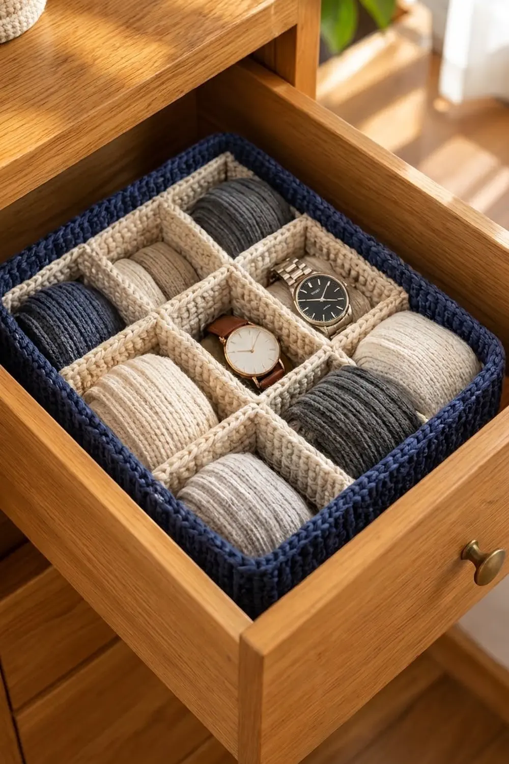 Navy and cream crocheted organizer with rolled textiles and watches displayed in an open wooden drawer.