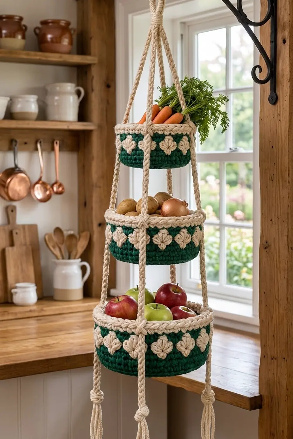 Hanging three-tier crochet planter in cream and dark green holds fresh carrots, apples, and onions in a rustic farmhouse kitchen.