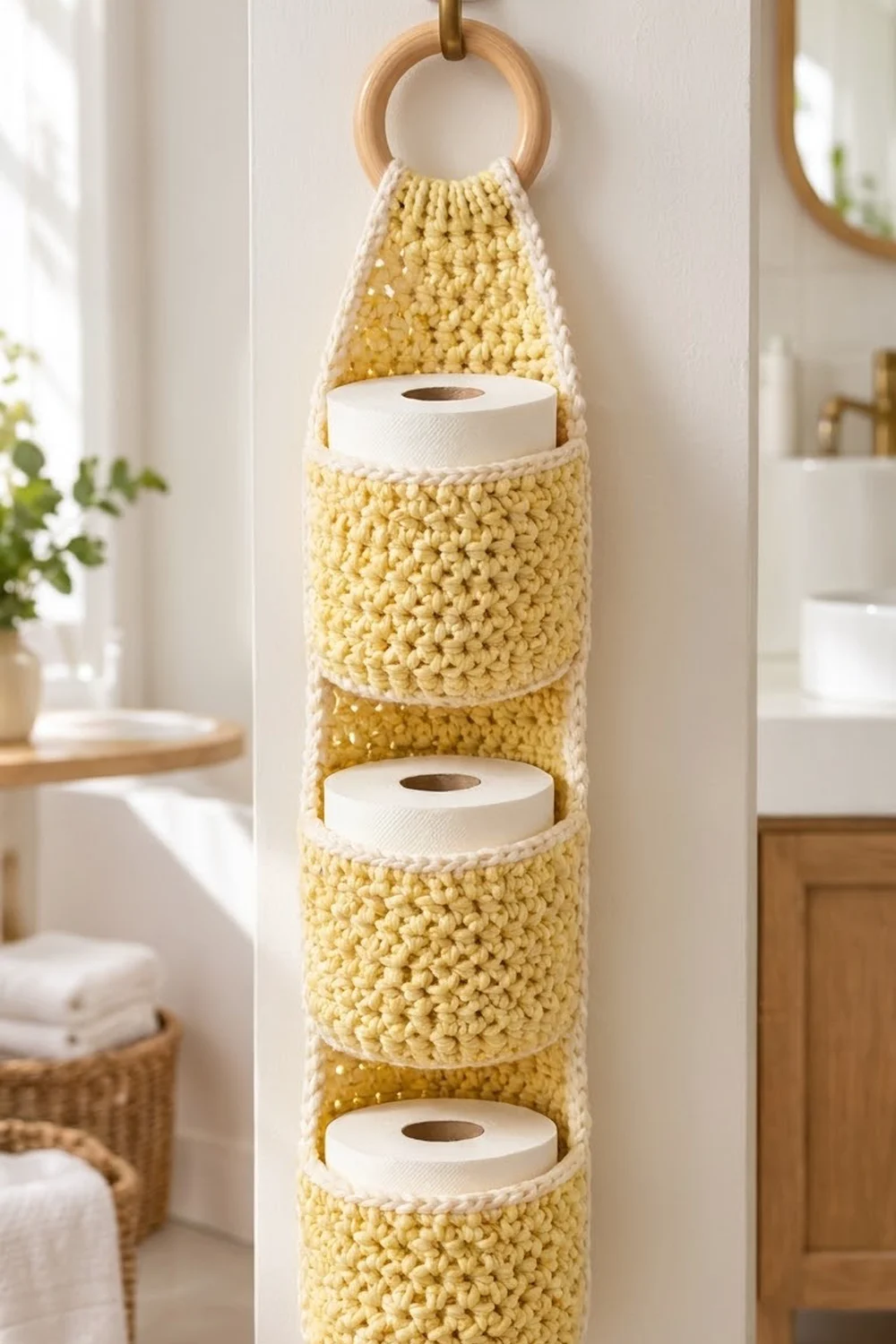 Crocheted yellow and cream toilet paper organizer with wooden ring displaying three rolls in a minimalist bathroom setting.