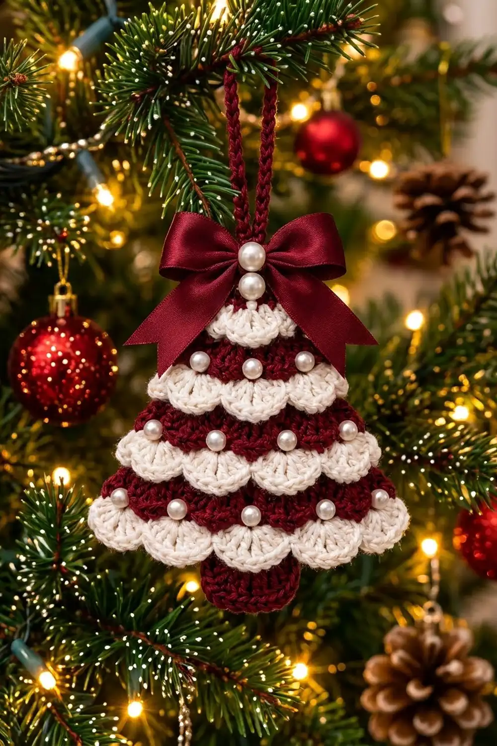 Burgundy and white crocheted Christmas tree ornament with pearl beads and bow hanging from evergreen garland with warm lights.