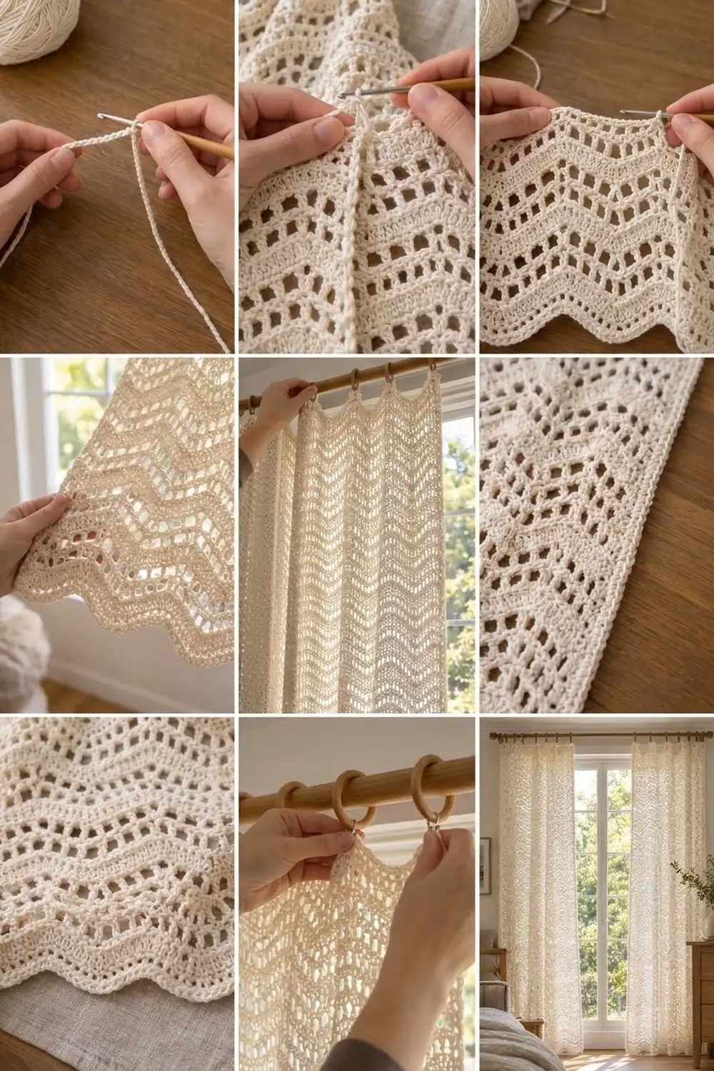 Cream-colored crocheted lace curtains with geometric openwork patterns hung on a wooden rod, displayed in a bright window.