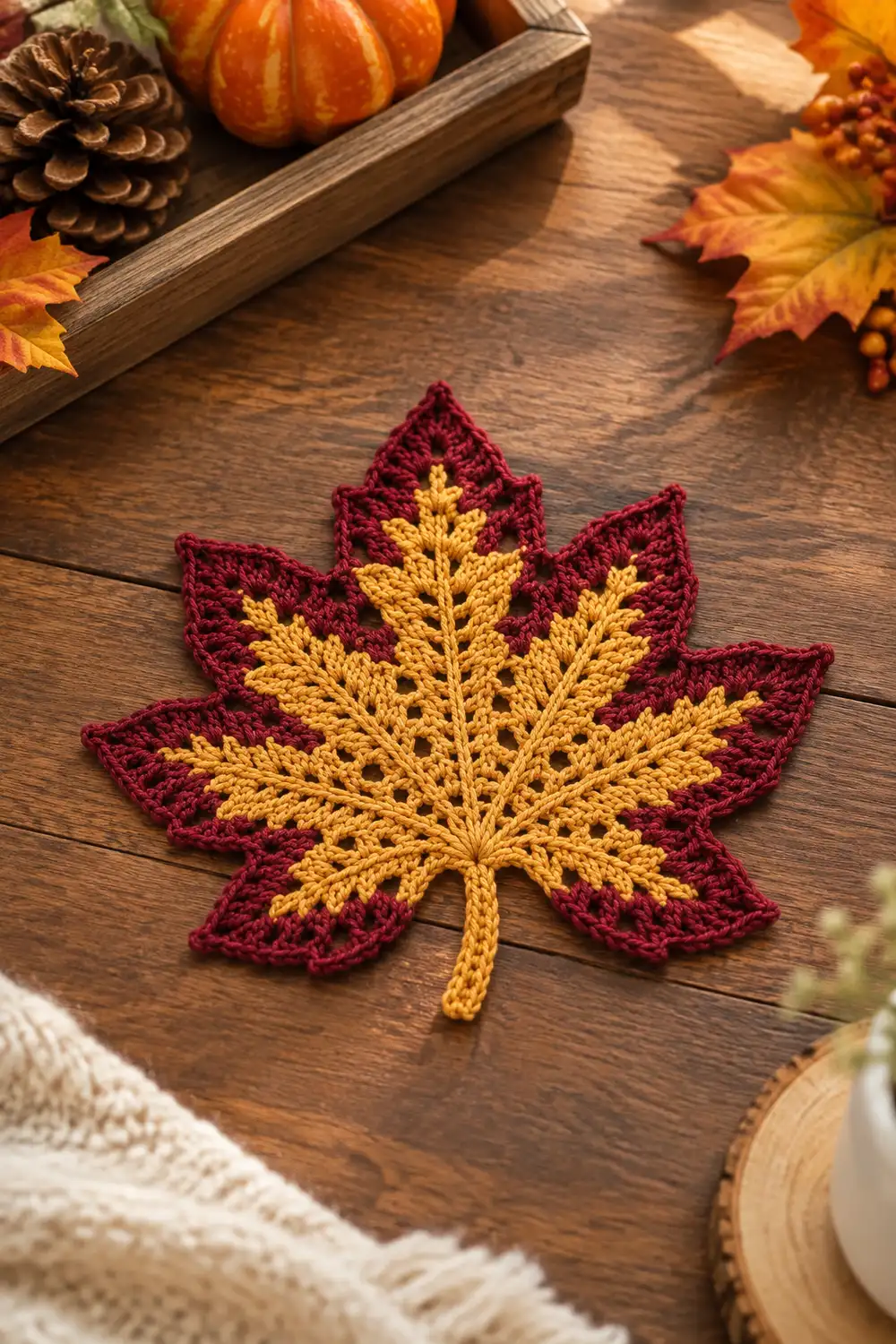 A crocheted maple leaf with burgundy outer petals and golden yellow center sits on weathered wood surrounded by autumn decorations.