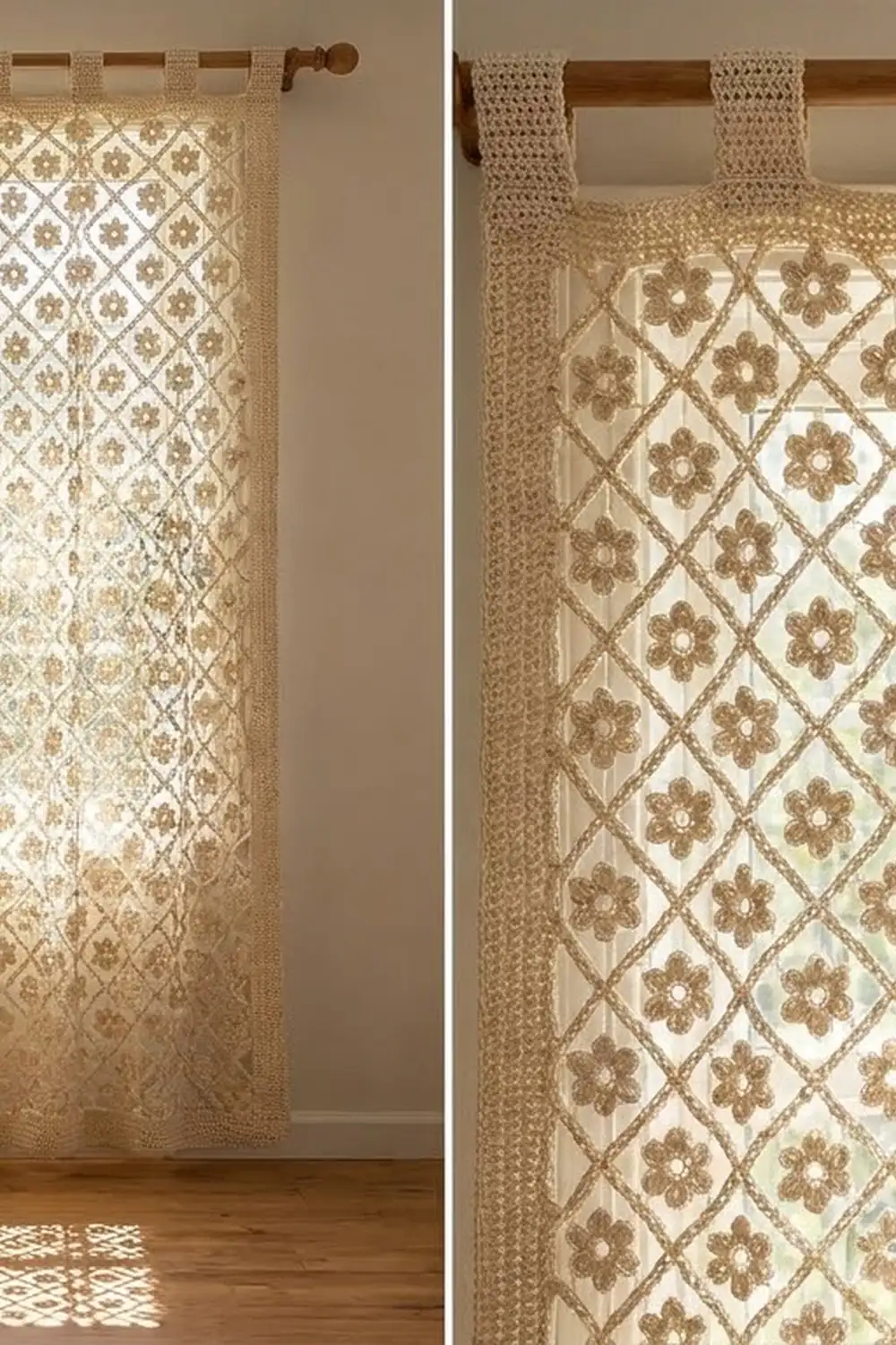 Cream and tan crochet curtains with geometric diamonds and flower motifs hung on a wooden rod.