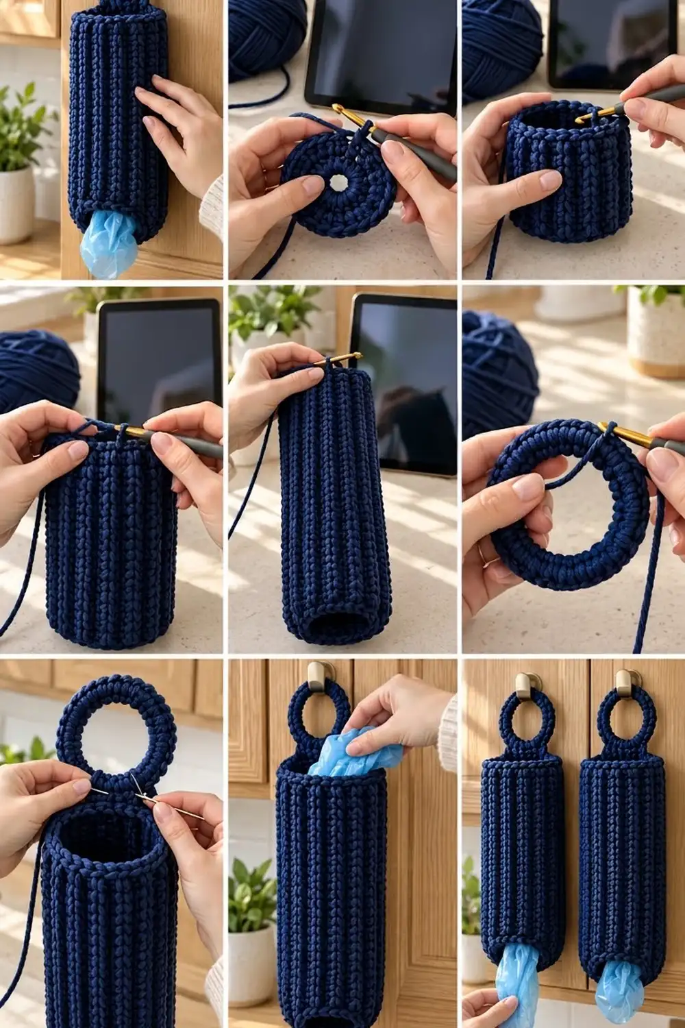 Navy blue crocheted bag dispenser shown in bright home interior with natural light, wooden surfaces, and potted plants.