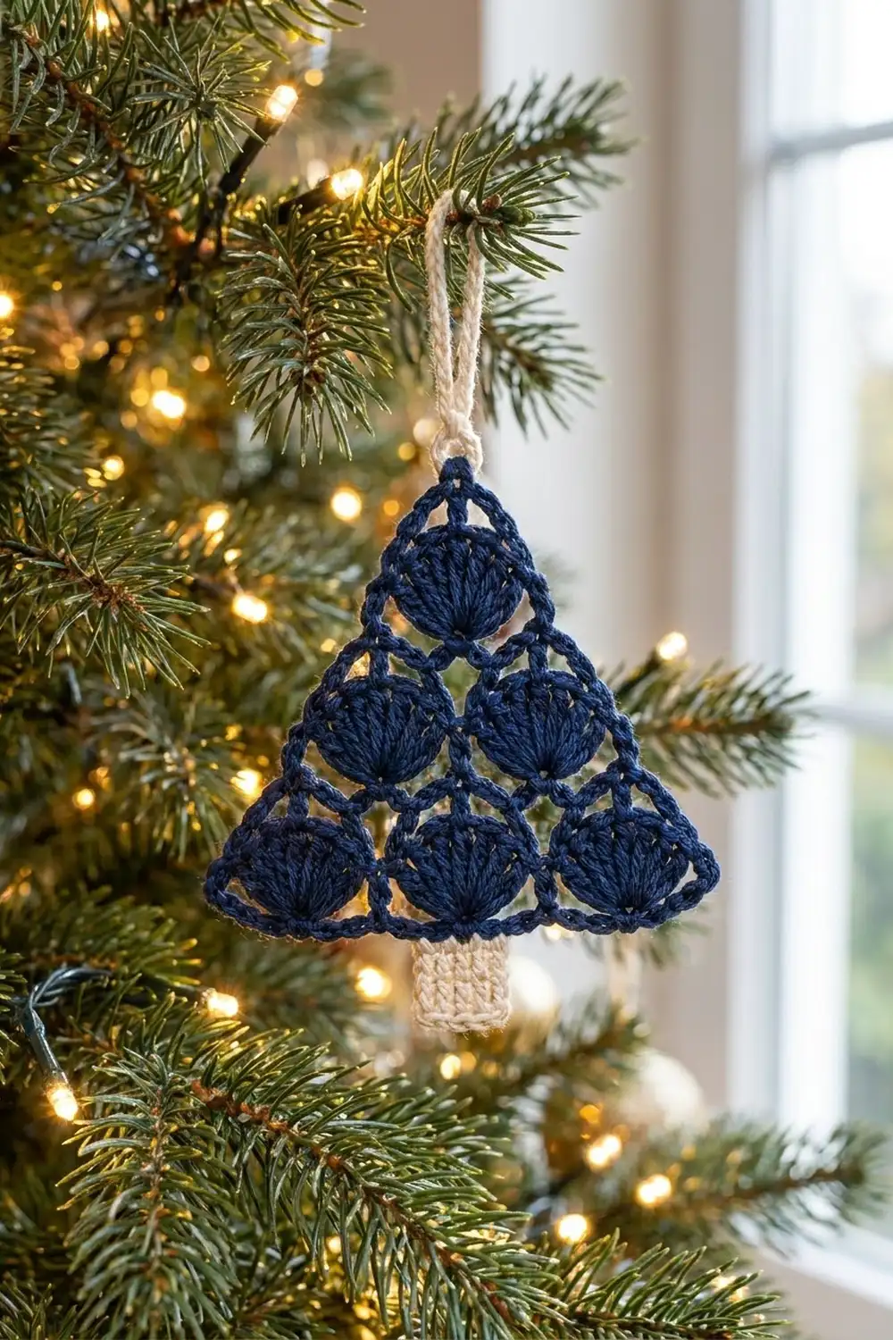 A navy blue crocheted Christmas tree ornament with textured puff stitches hanging on a lit evergreen branch.