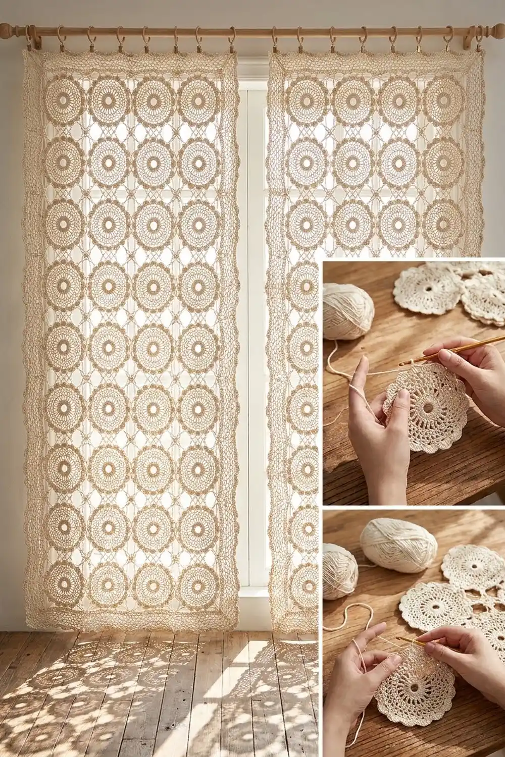 Cream-colored crocheted curtains with circular medallion patterns displayed on a wooden rod, with close-up photos of hands crocheting.
