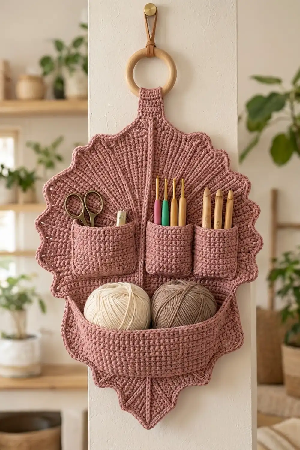 Dusty rose crocheted leaf organizer hanging on white wall, storing crochet hooks, scissors, and yarn balls in its decorative pockets.