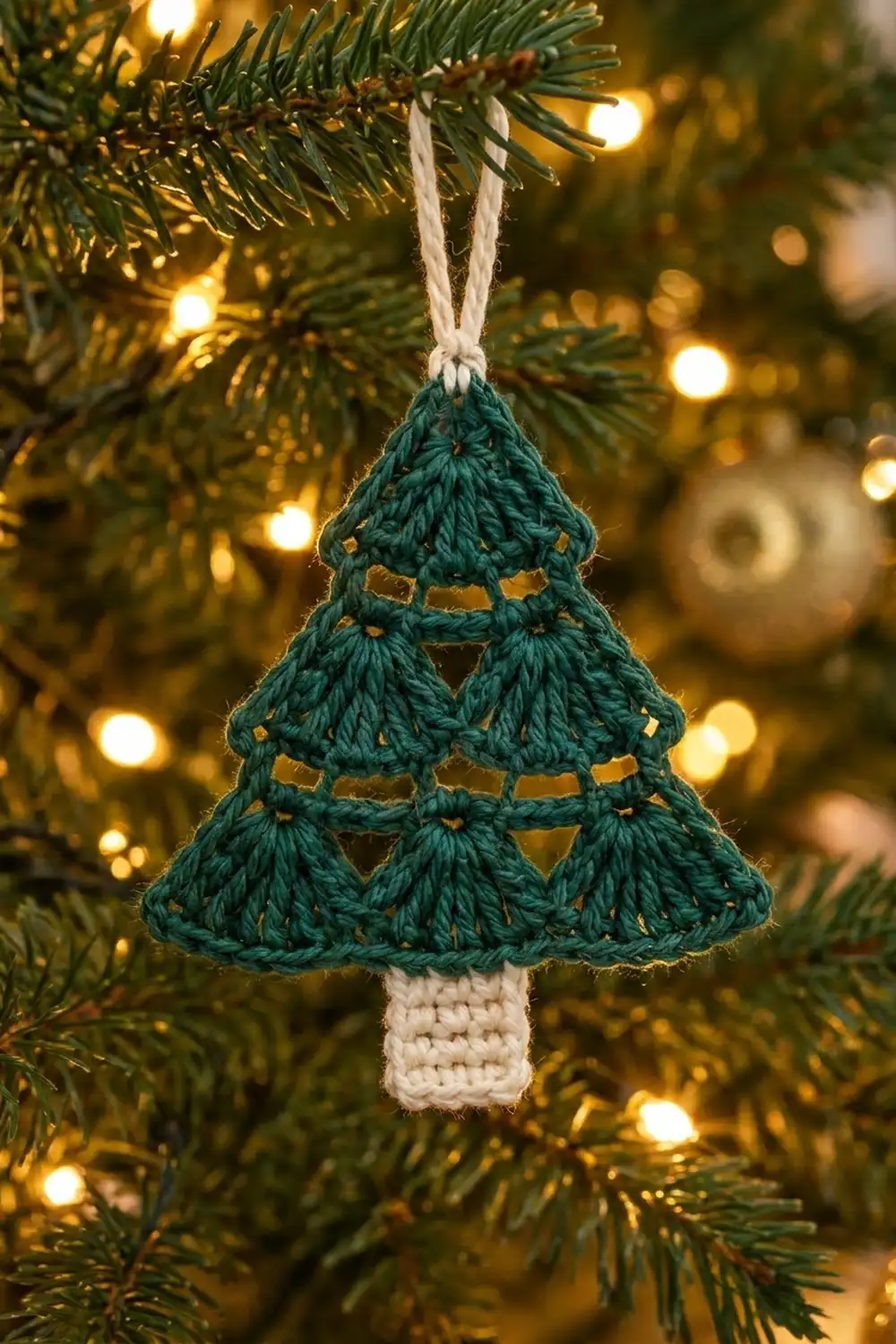 Crocheted teal Christmas tree ornament with gold accents and cream trunk, hanging on an evergreen branch with warm string lights.
