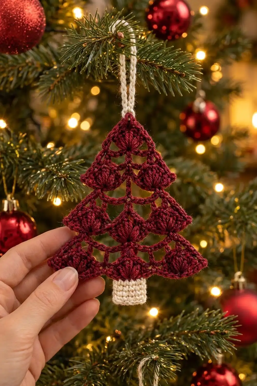 Hand holding burgundy crocheted Christmas tree ornament with cream trunk against decorated evergreen with red baubles and warm golden lights.