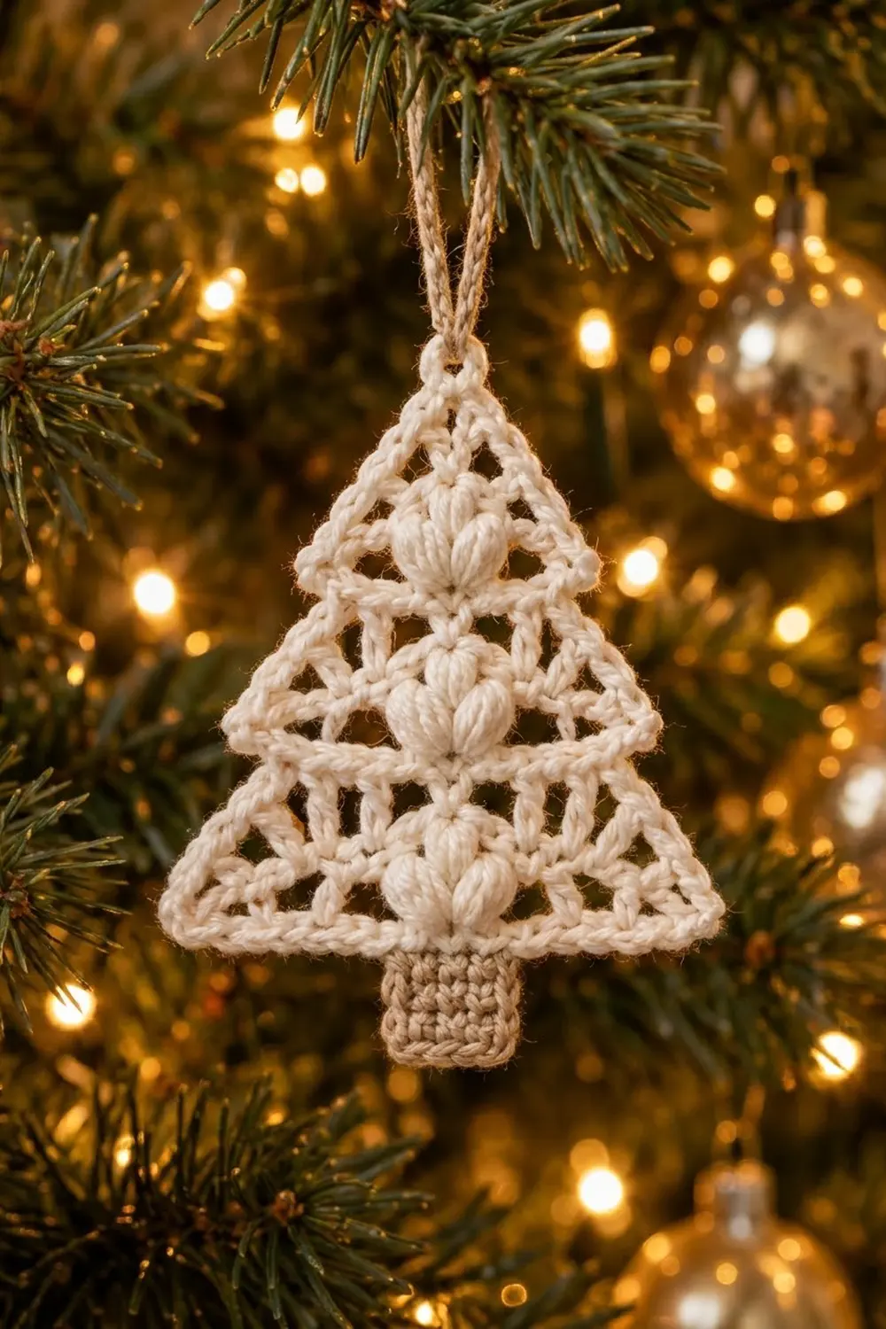 Cream crocheted tree ornament with lace details hanging on evergreen branch with warm golden lights.
