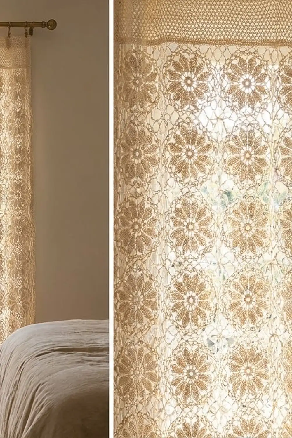 Delicate tan and cream lace curtains with floral pattern hanging on brass rod above a bedroom bed.
