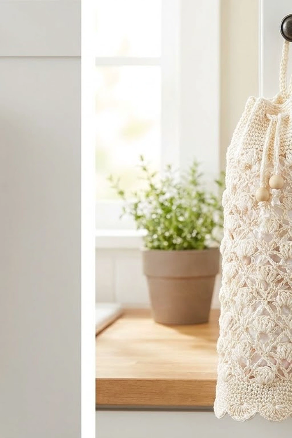 Cream crochet hanging with lace pattern and wooden beads displayed in bright window beside potted green plant.