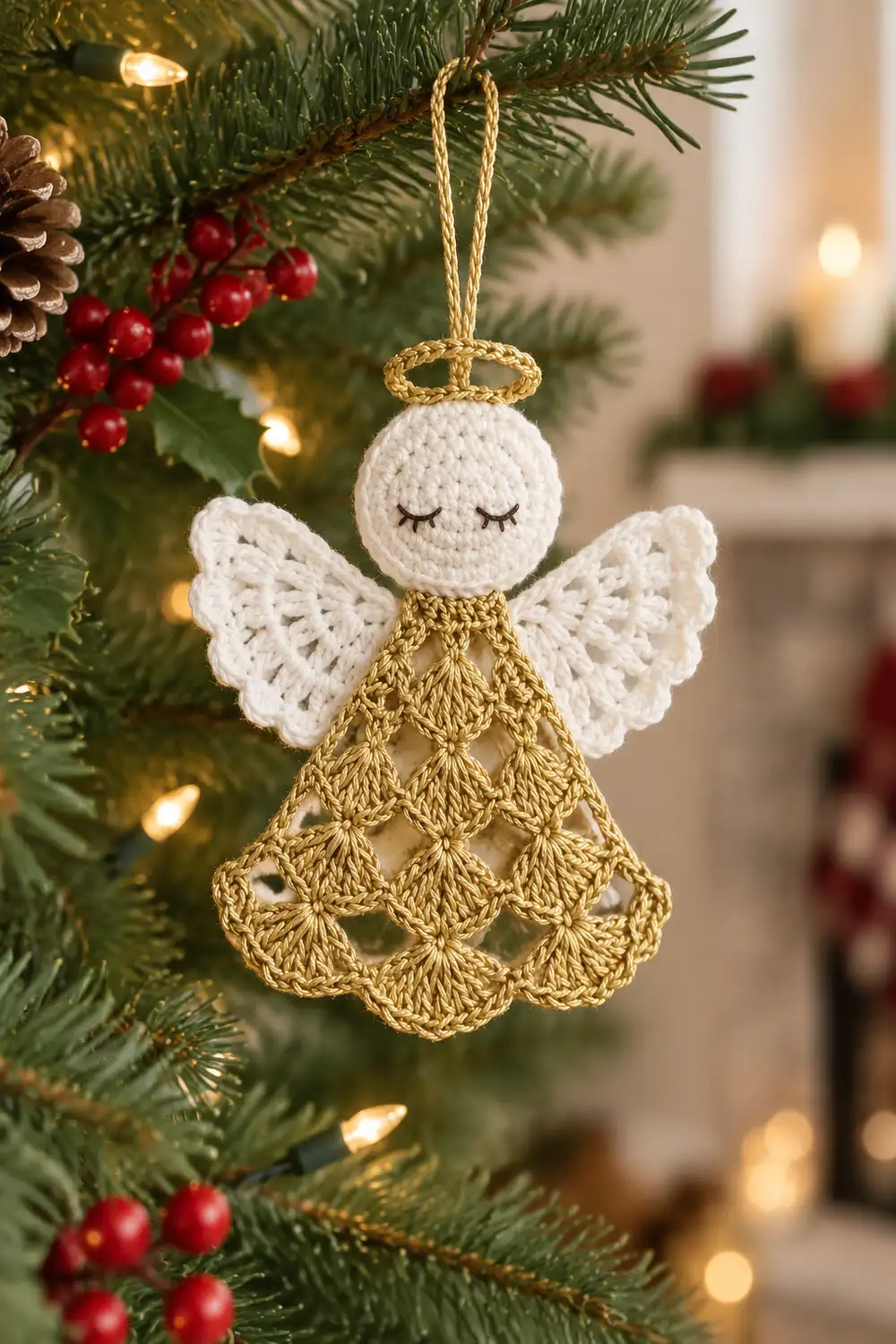 A crocheted angel ornament with white wings and gold dress hangs from a evergreen branch with red berries.