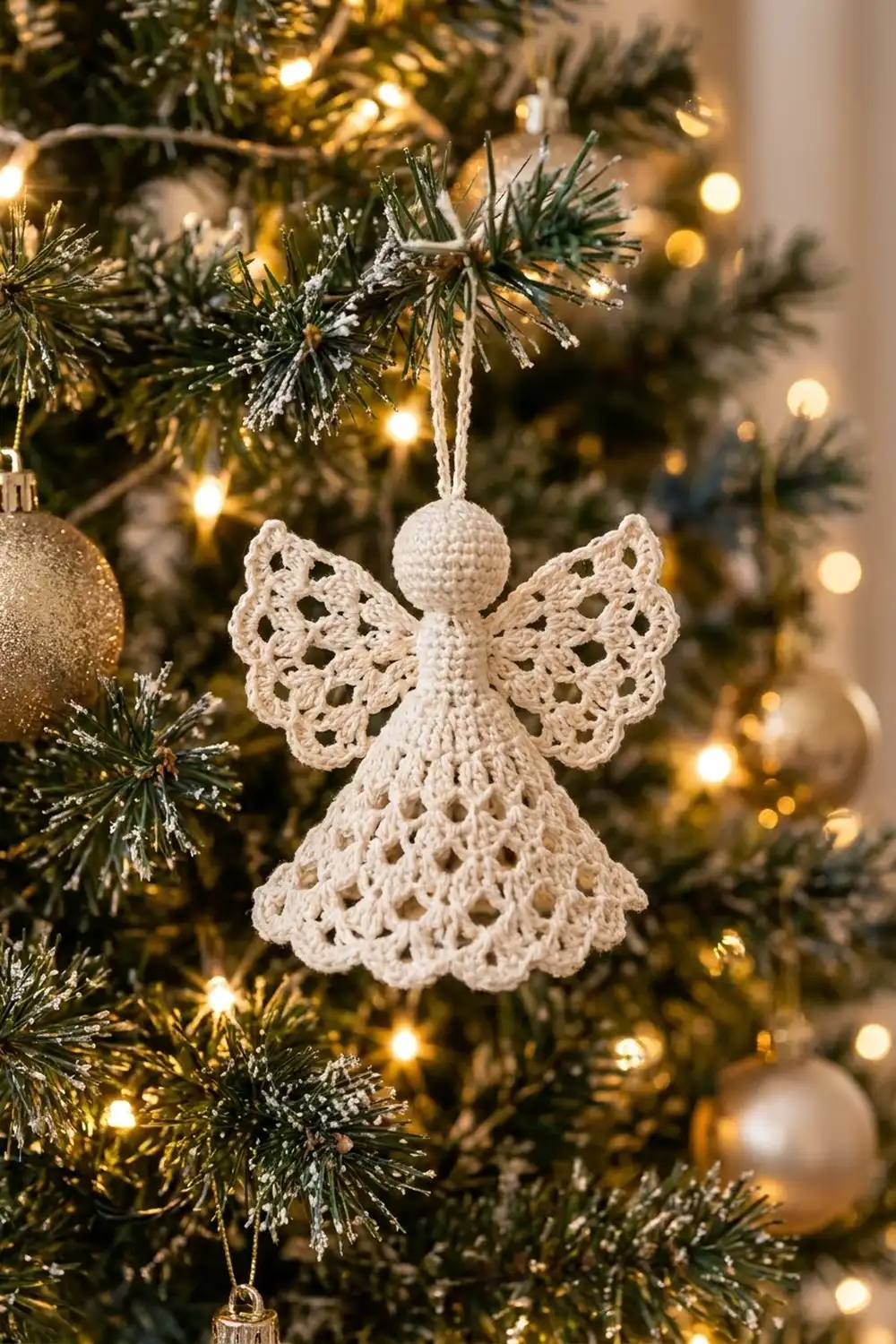 A white crocheted angel ornament with lacy wings hanging on a Christmas tree with warm lights and green branches.