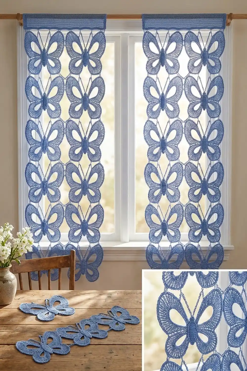 Blue crocheted butterfly curtains with lacy details frame a window above a wooden table with matching butterfly coasters.