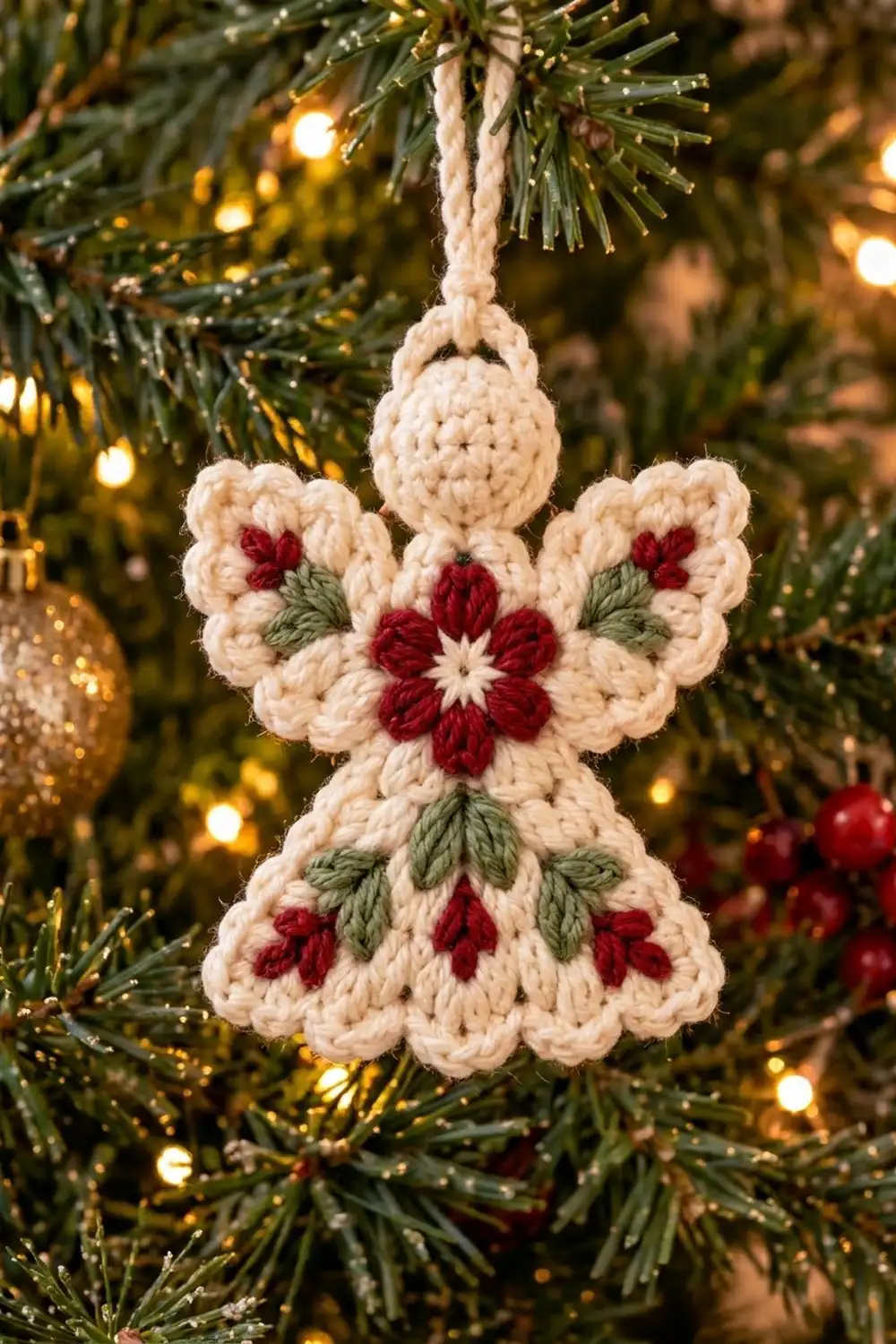 Cream crocheted flower ornament with red petals and green leaves on evergreen tree with golden lights and red baubles.