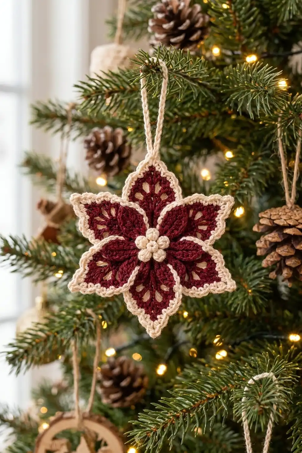 Burgundy and cream crocheted five-pointed star ornament with lacy petals hanging on a decorated Christmas tree.