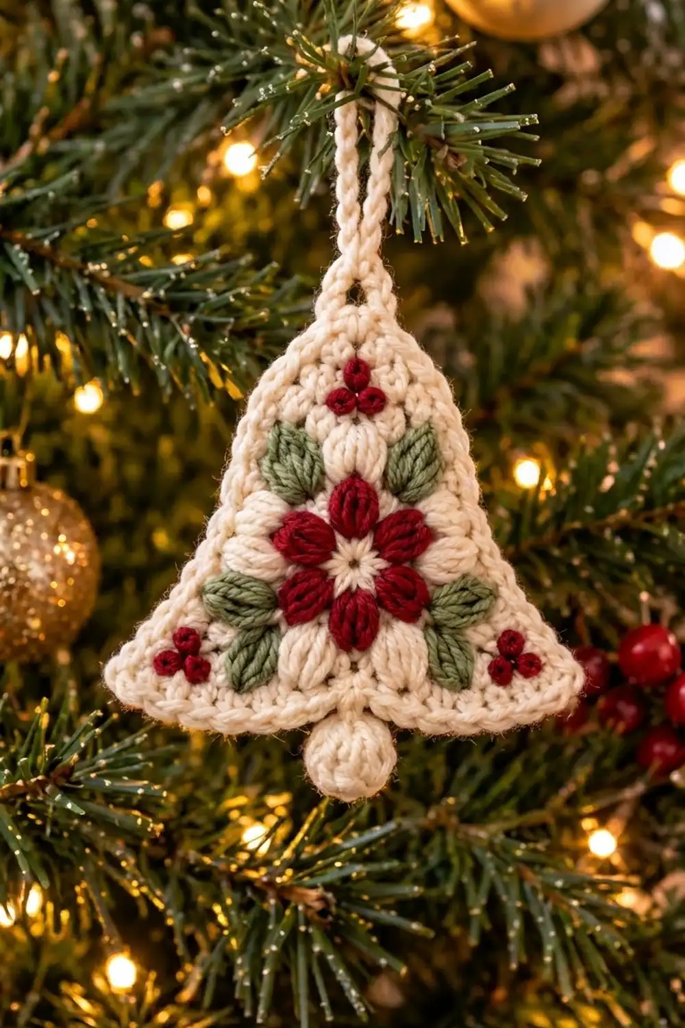 Crocheted cream bell ornament with red flowers and green leaves hanging on evergreen tree with golden string lights.