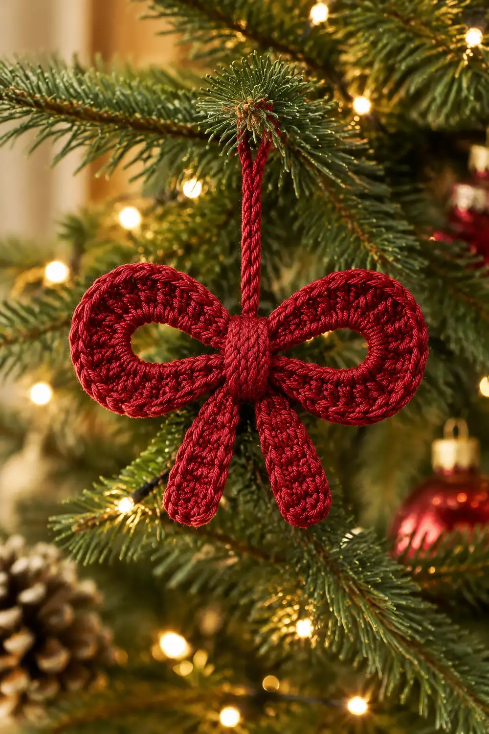 A red crocheted bow ornament hanging from an evergreen branch decorated with warm white lights.