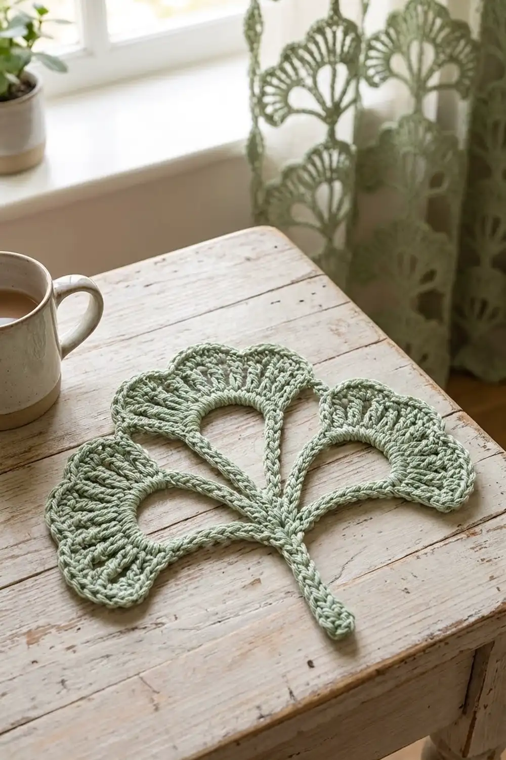 Sage-green crocheted lace with repeating fan motifs displayed on whitewashed wooden table beside white mug and potted plant by window.