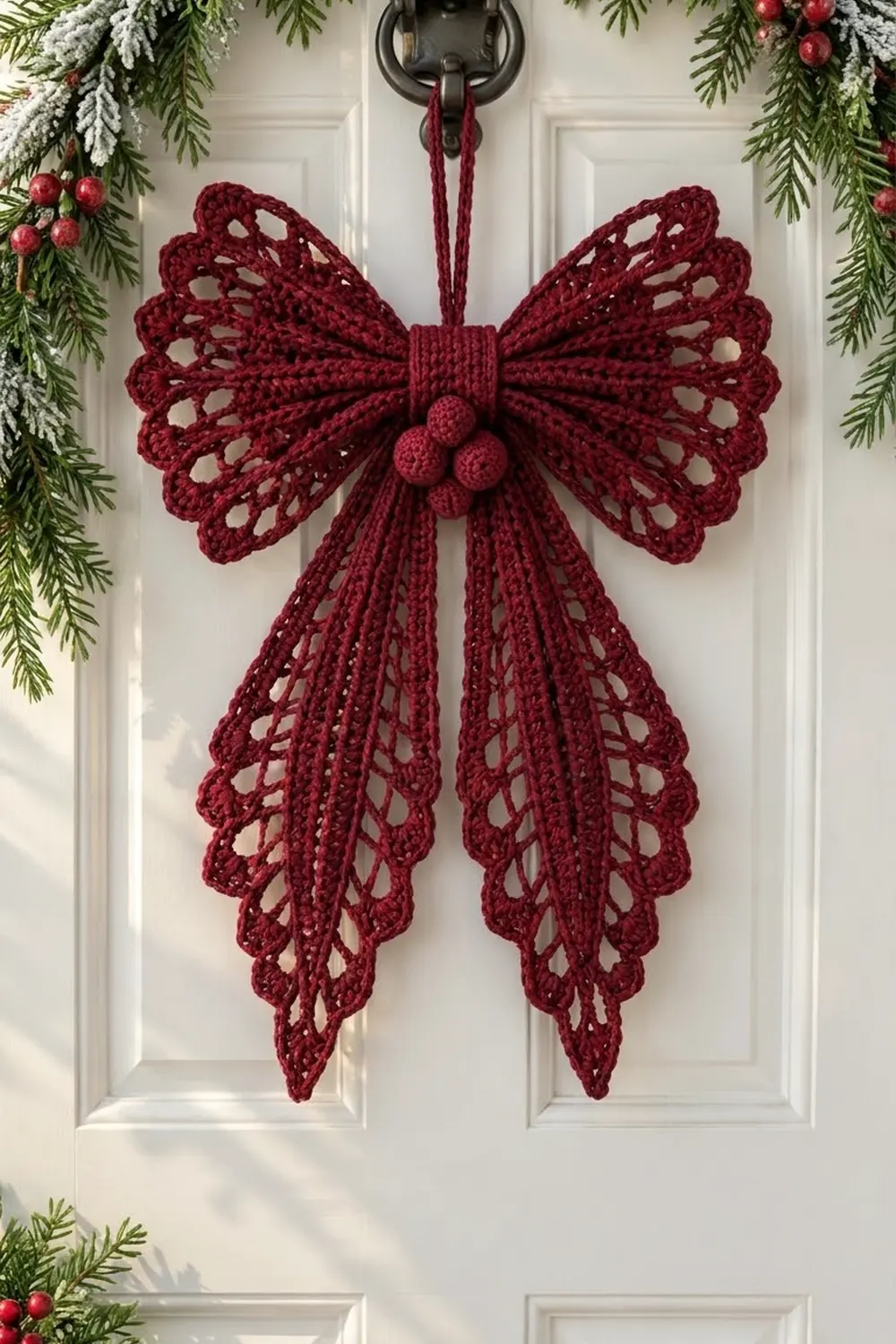 Burgundy crocheted bow ornament with berry center hanging on white door, framed by frosted evergreen garland.
