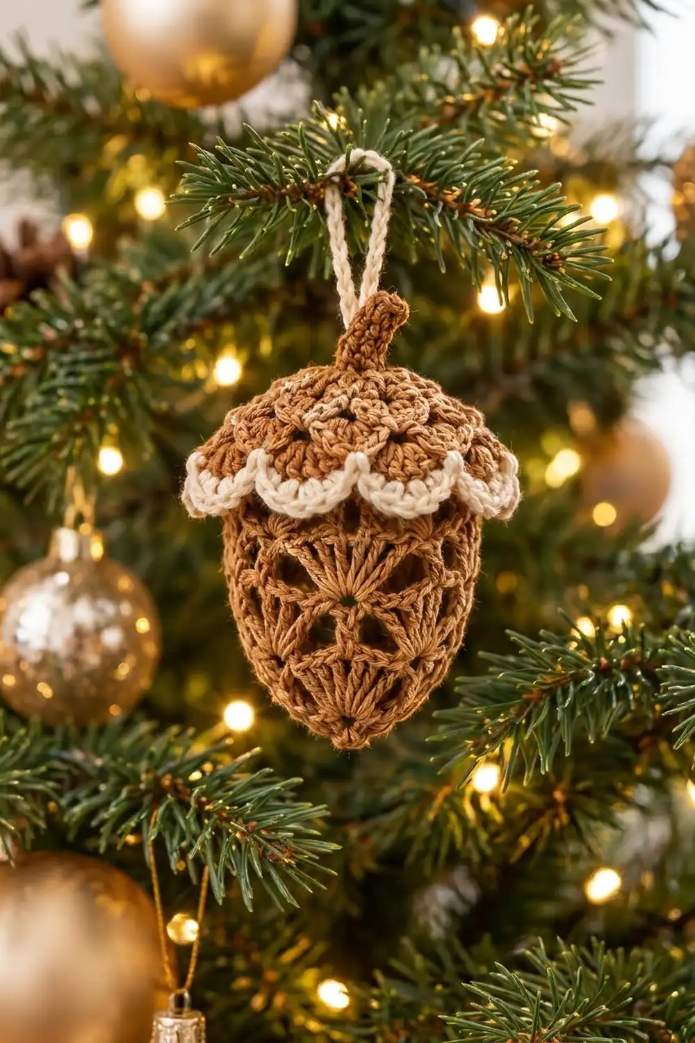 Tan crocheted acorn ornament with cream scalloped cap hanging on evergreen tree amid golden lights and baubles.