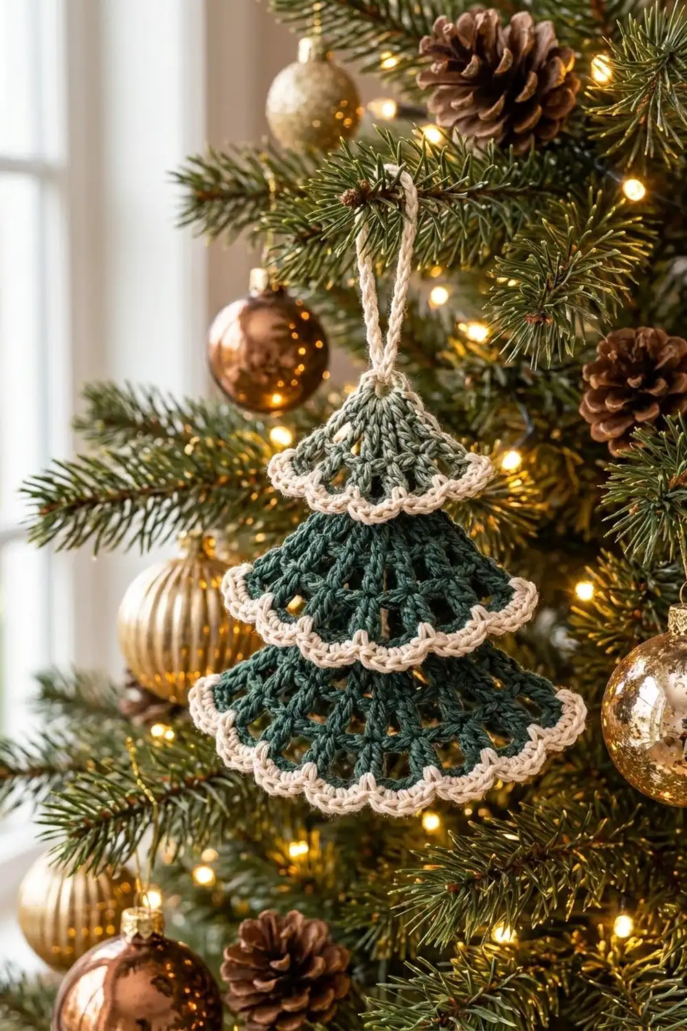 Crocheted two-tier Christmas tree ornament in dark green and cream, hanging on evergreen branches with lights, gold baubles, and pinecones.