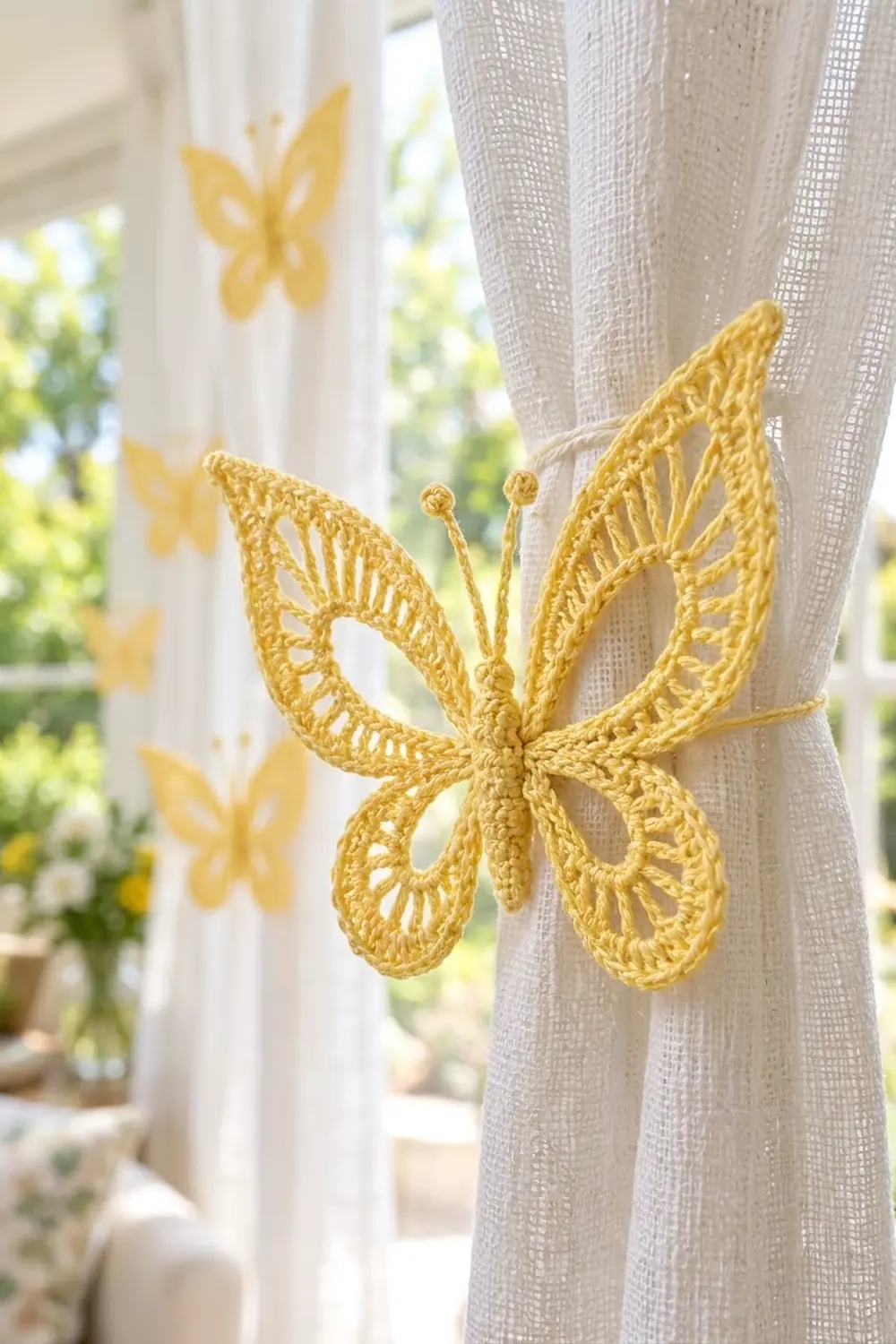 A golden crocheted butterfly tieback holds a cream textured curtain in a sunny room with garden views.