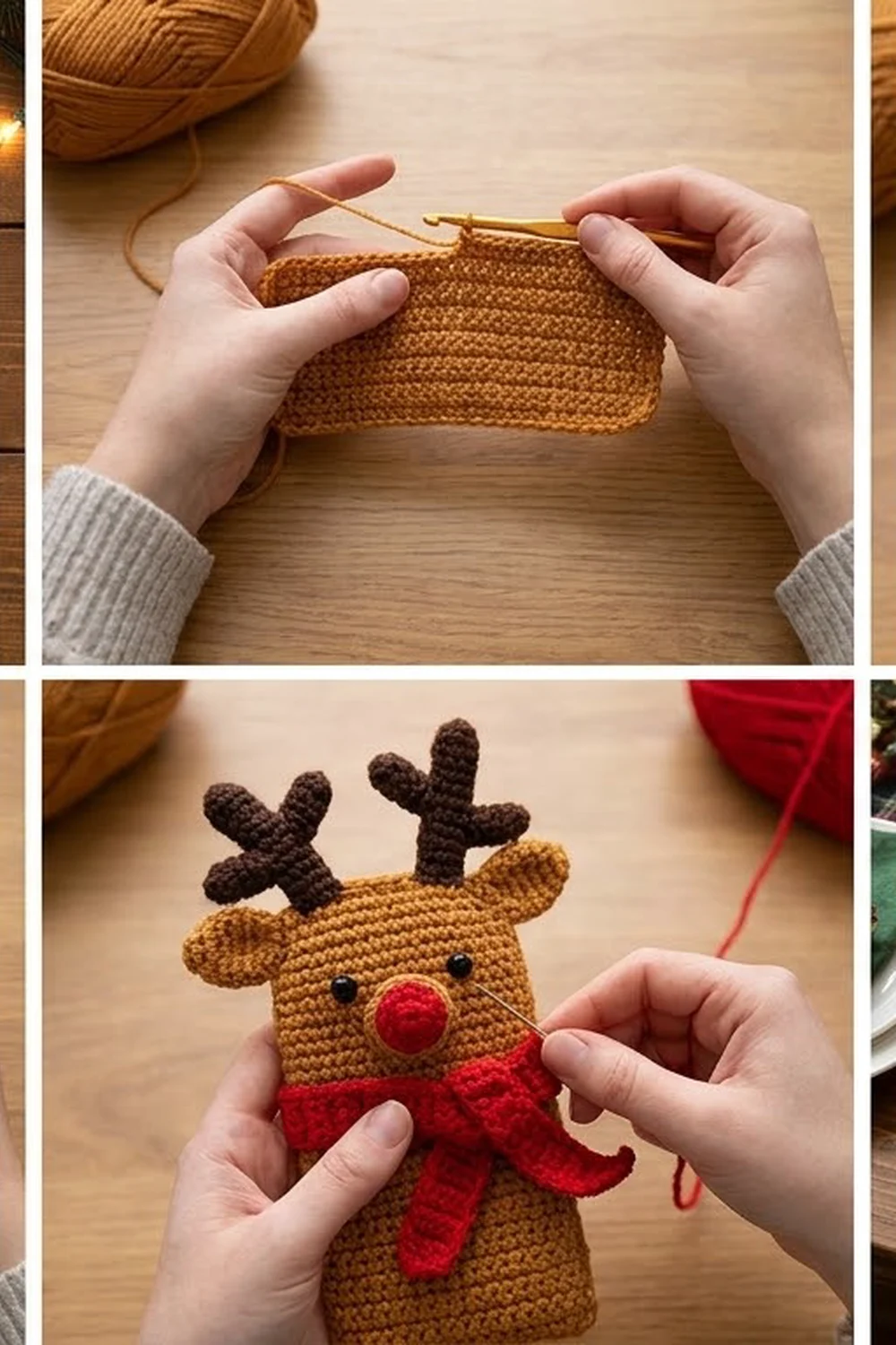 Hands working on tan crochet with golden hook above, and holding finished brown reindeer with red nose and scarf below.