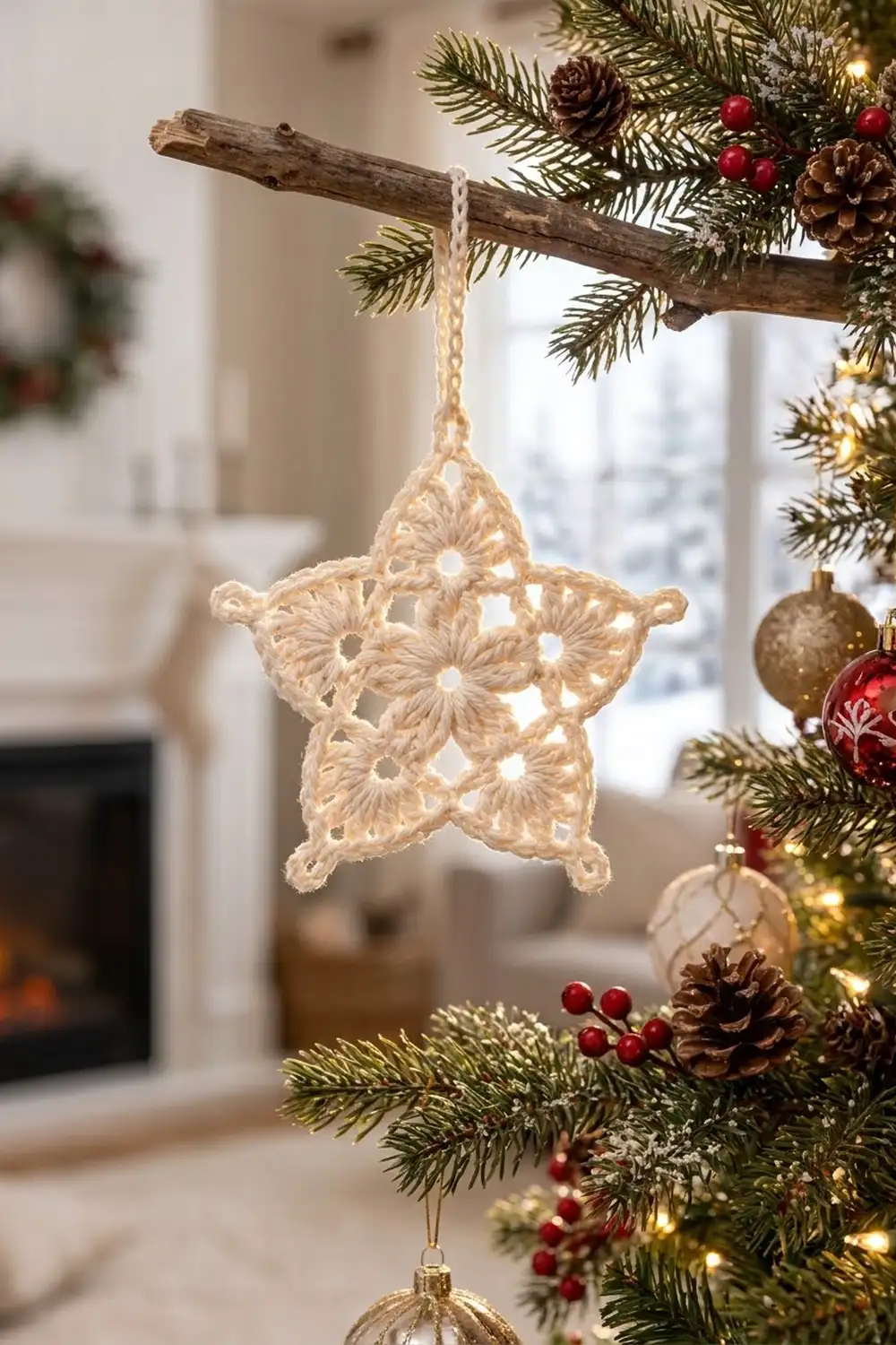 Cream crochet star ornament hanging from rustic wood branch with evergreen, pinecones, and red berries in festive holiday decor.