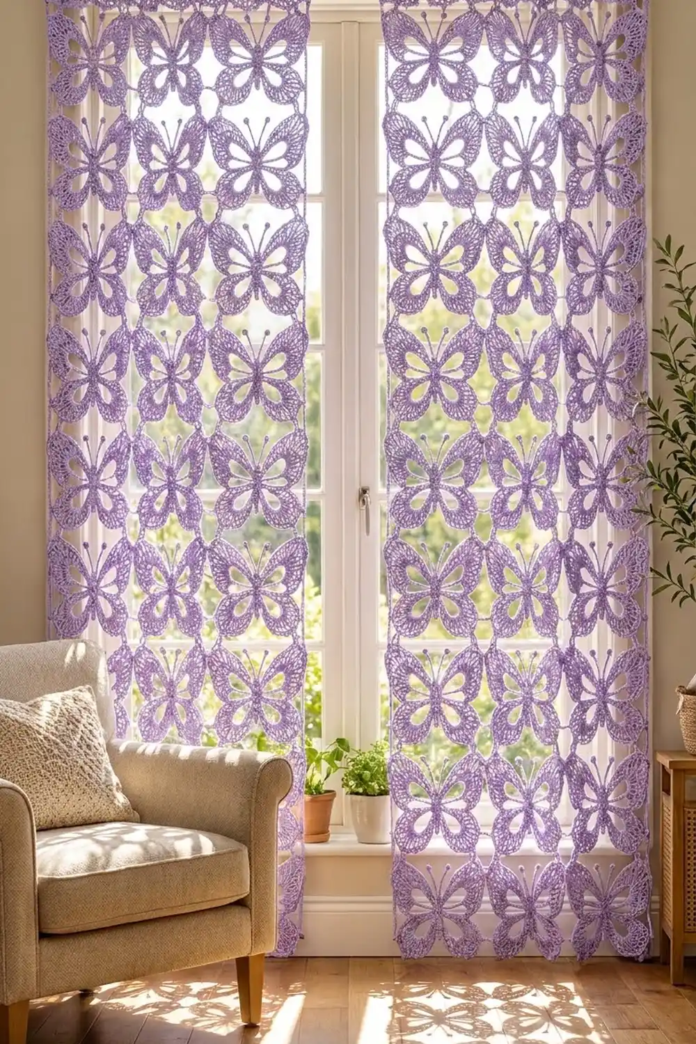 Purple and cream butterfly patterned curtains hang at French doors, filtering light into a bright, minimalist living space.