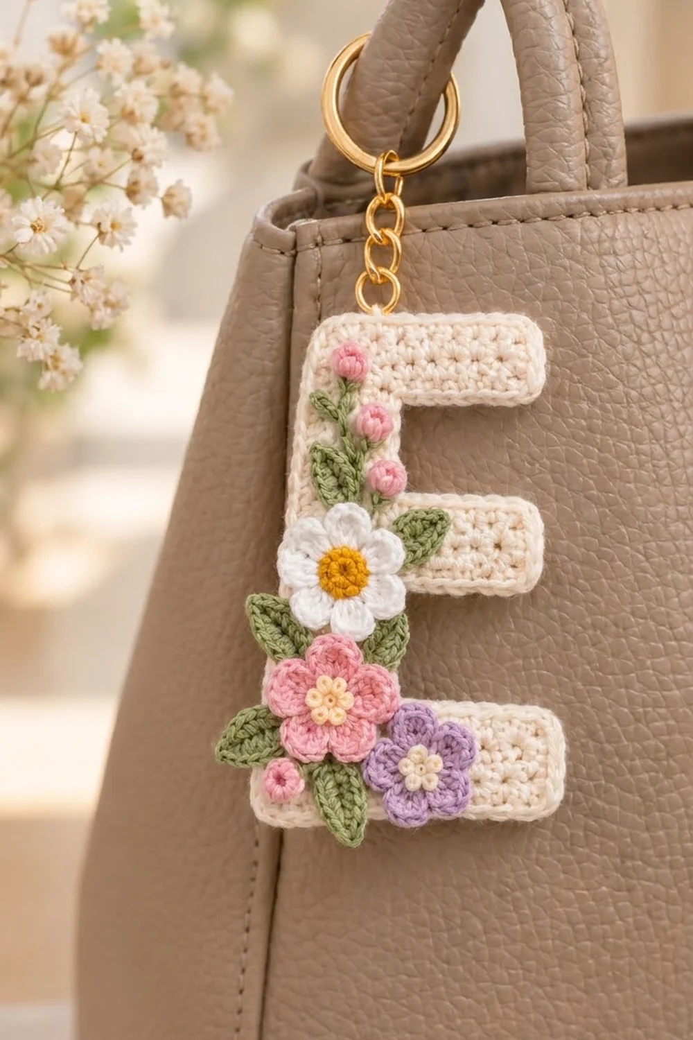 Cream crocheted letter 'E' charm decorated with colorful flowers hanging from a tan leather handbag.