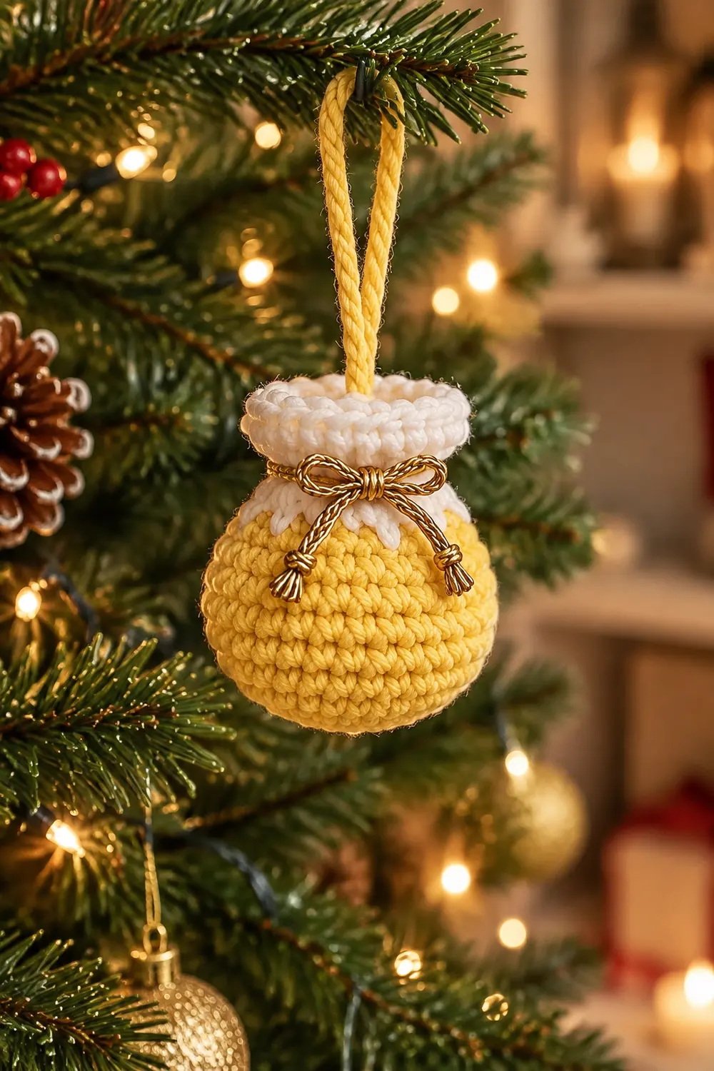 A yellow crocheted ball ornament with white top and gold bow hanging from a rope on a lit Christmas tree.