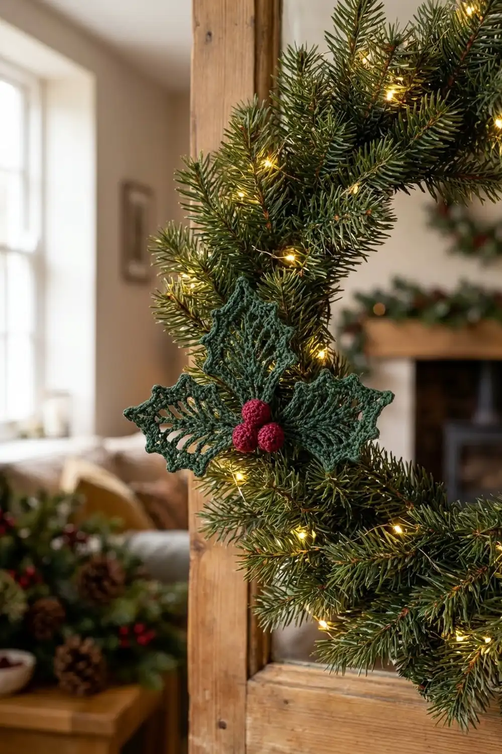 Crocheted green holly leaf with red berries on an evergreen garland with white lights, draped over a wooden beam indoors.