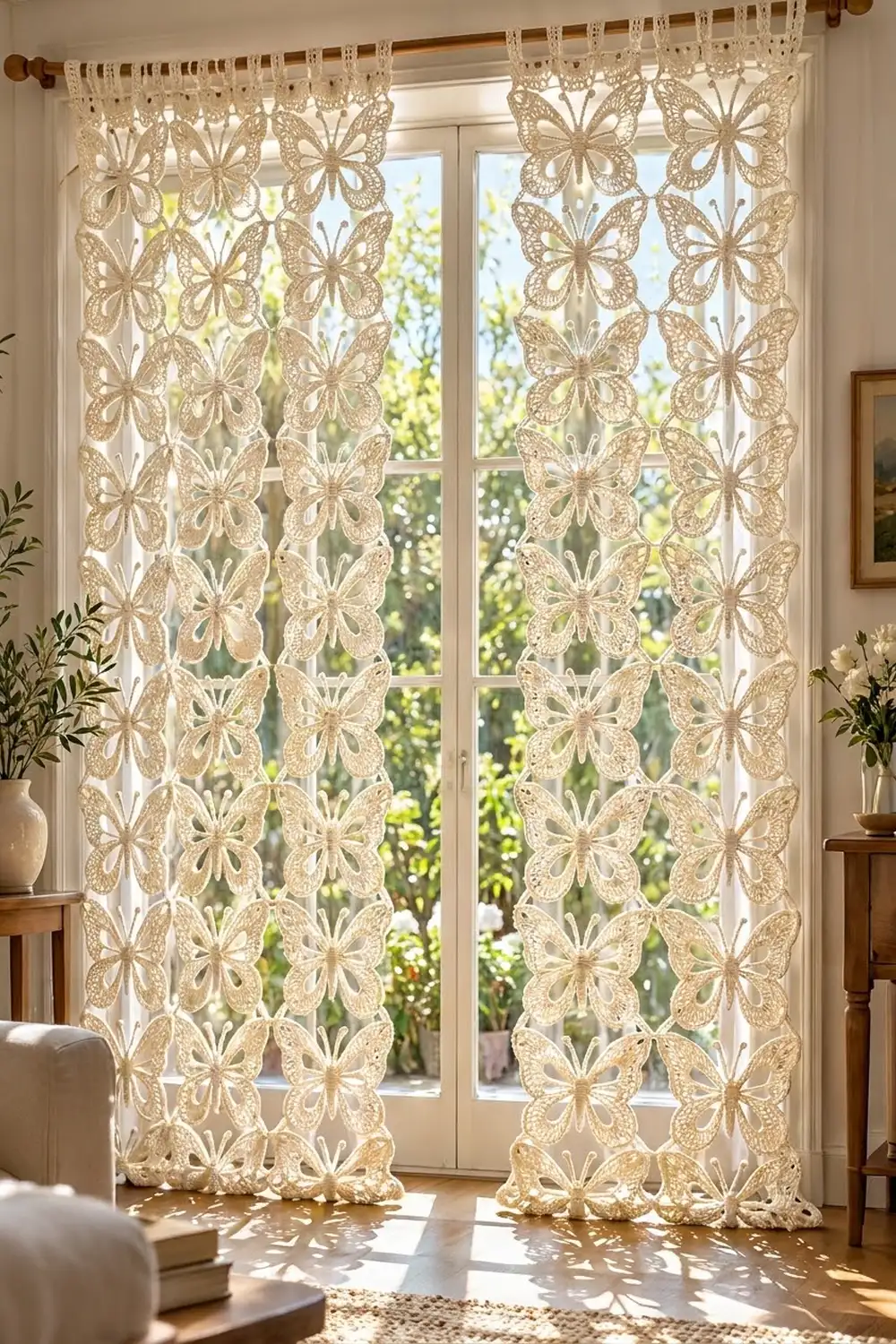 Delicate cream-colored crocheted curtains featuring butterfly motifs hang from a wooden rod at a sunlit window.
